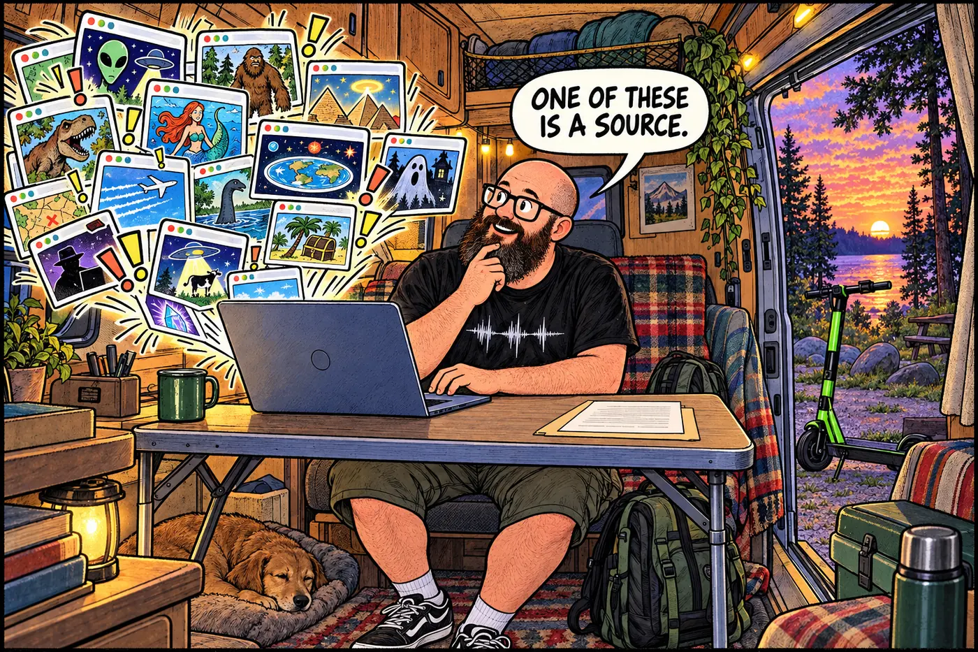 Comic panel of the host at a laptop surrounded by floating browser tabs full of exclamation points, comparing them to one thin printed government document