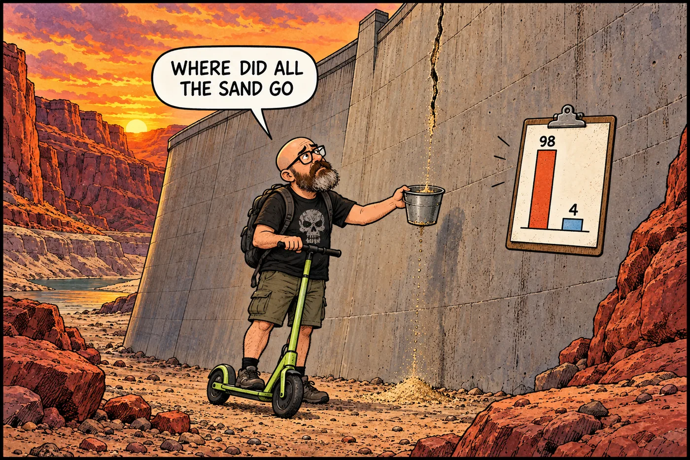 Comic panel of the HOST on his lime-green e-scooter holding an empty bucket under a giant dam labeled DAM while a tiny trickle of sand falls out, with a chart on a clipboard showing the numbers dropping from 98 to 4