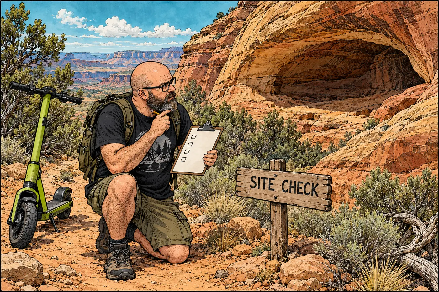 Comic panel of the HOST on a canyon trail comparing a clipboard checklist to a weathered rock alcove, with a counter sign showing over two thousand logged incidents statewide