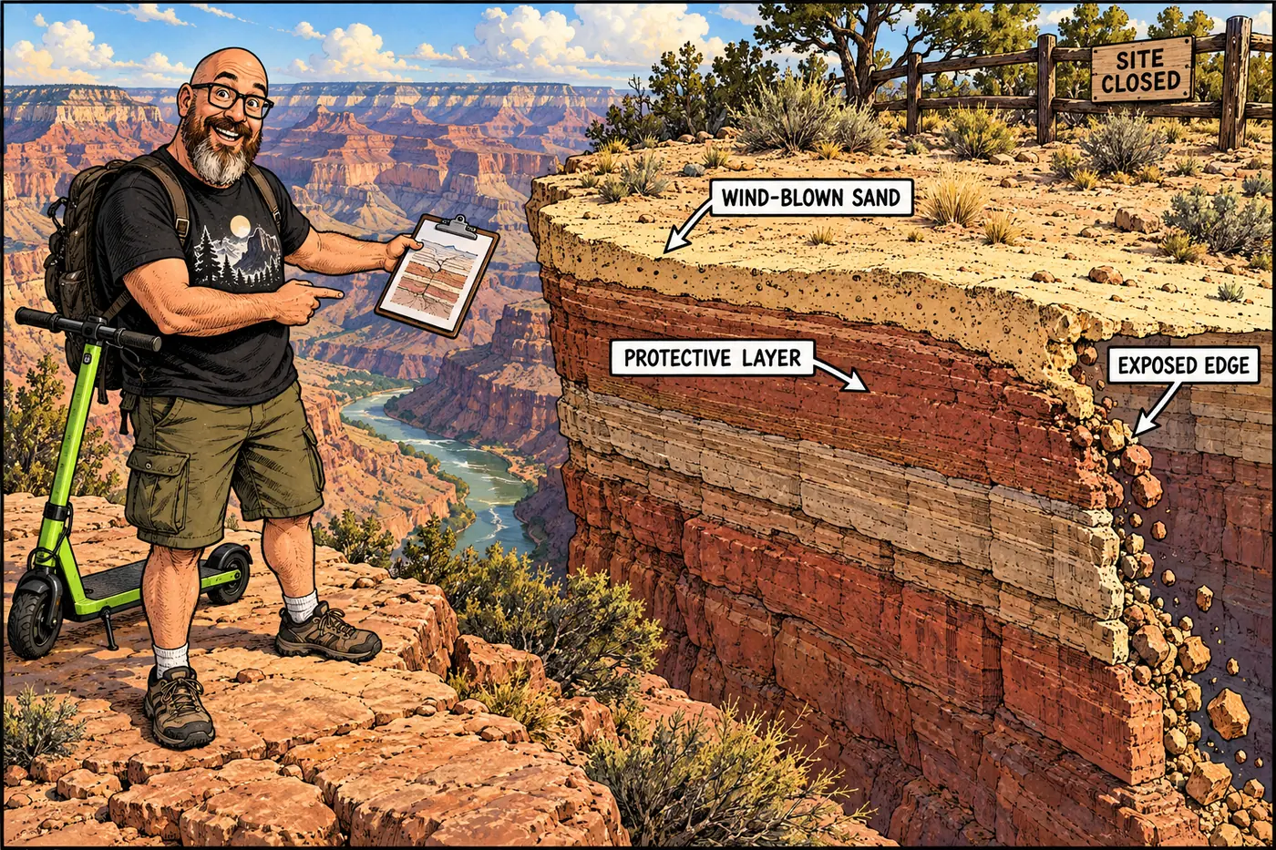 Cutaway illustration of a Grand Canyon river-corridor bench showing a buried archaeological site layer, with labeled arrows for windblown sand, an eroding exposed wall, and a fenced closure sign above on the rim