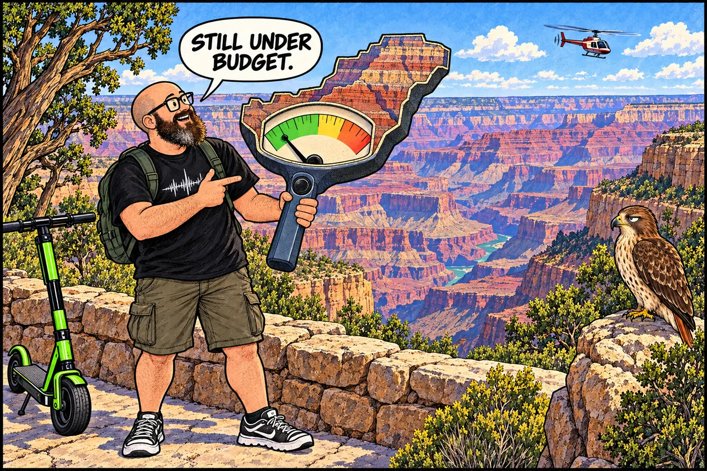 Comic panel of the HOST holding a giant decibel meter shaped like a canyon cross-section with a needle staying in the green zone