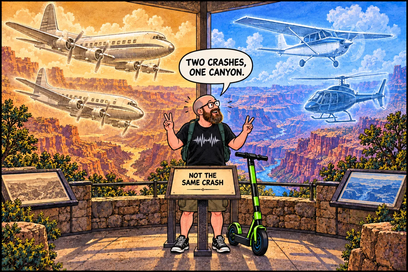 Comic panel of the HOST standing between two vintage propliner silhouettes and a small tour plane and helicopter silhouette, holding up two fingers, with a calendar showing two different decades