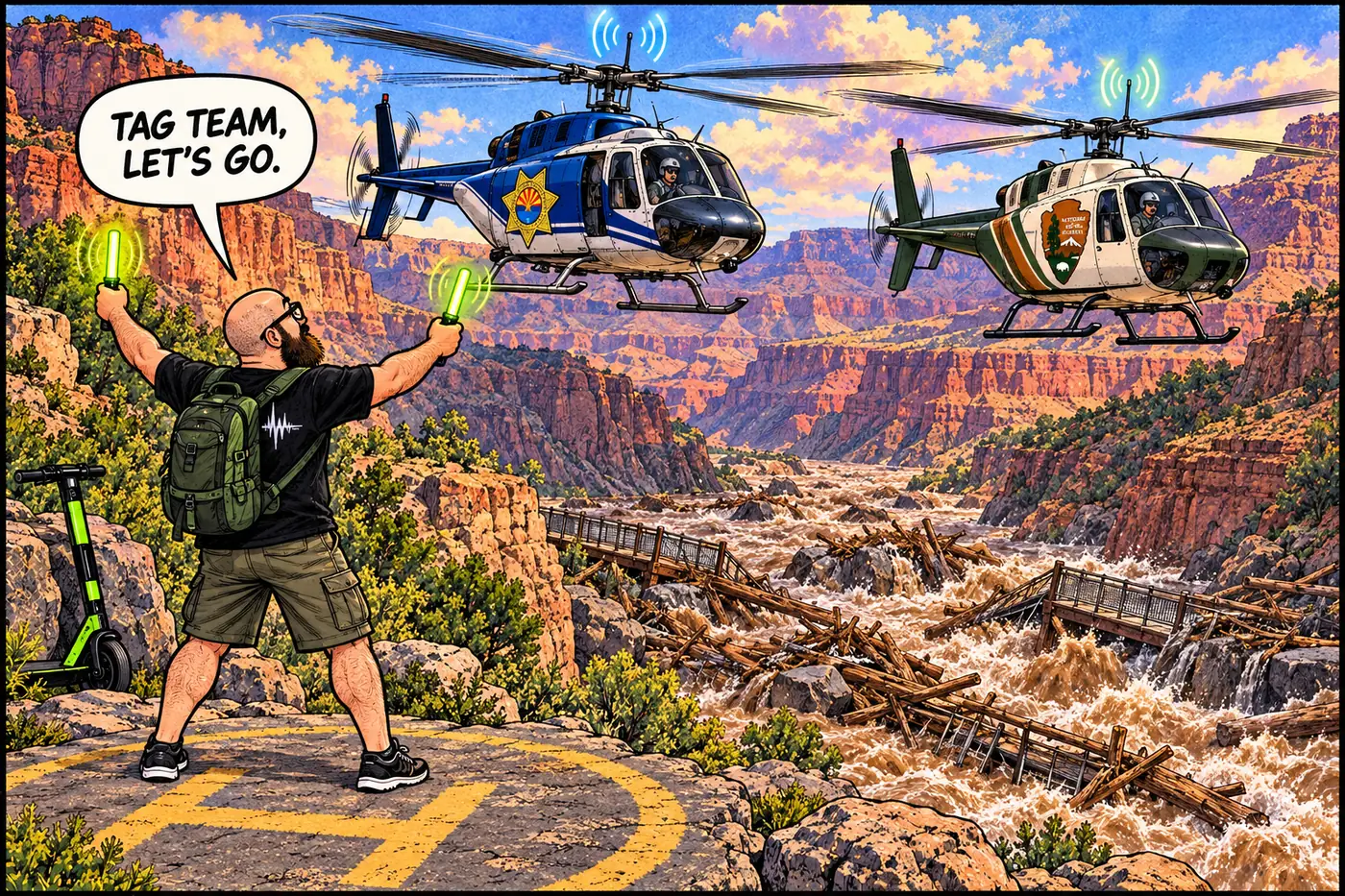 Cartoon of a state police helicopter and a National Park Service helicopter meeting mid-air above a flooded inner-canyon creek, coordinating a hiker rescue together