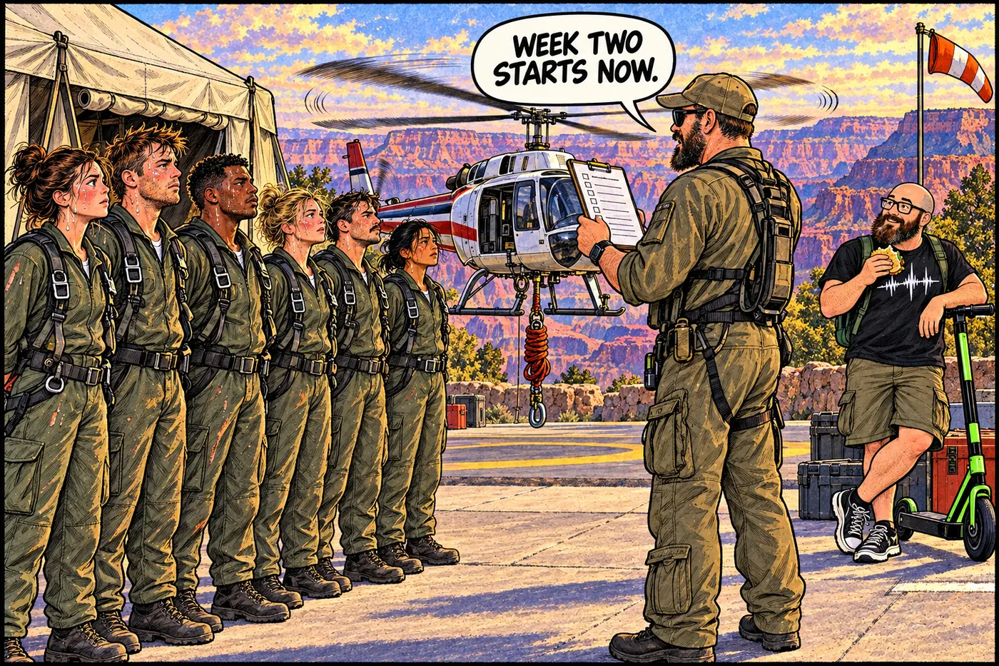 Cartoon of a row of exhausted-looking trainee helicopter crewmembers lined up outside a training tent at the South Rim Helibase while an instructor holds up a checklist