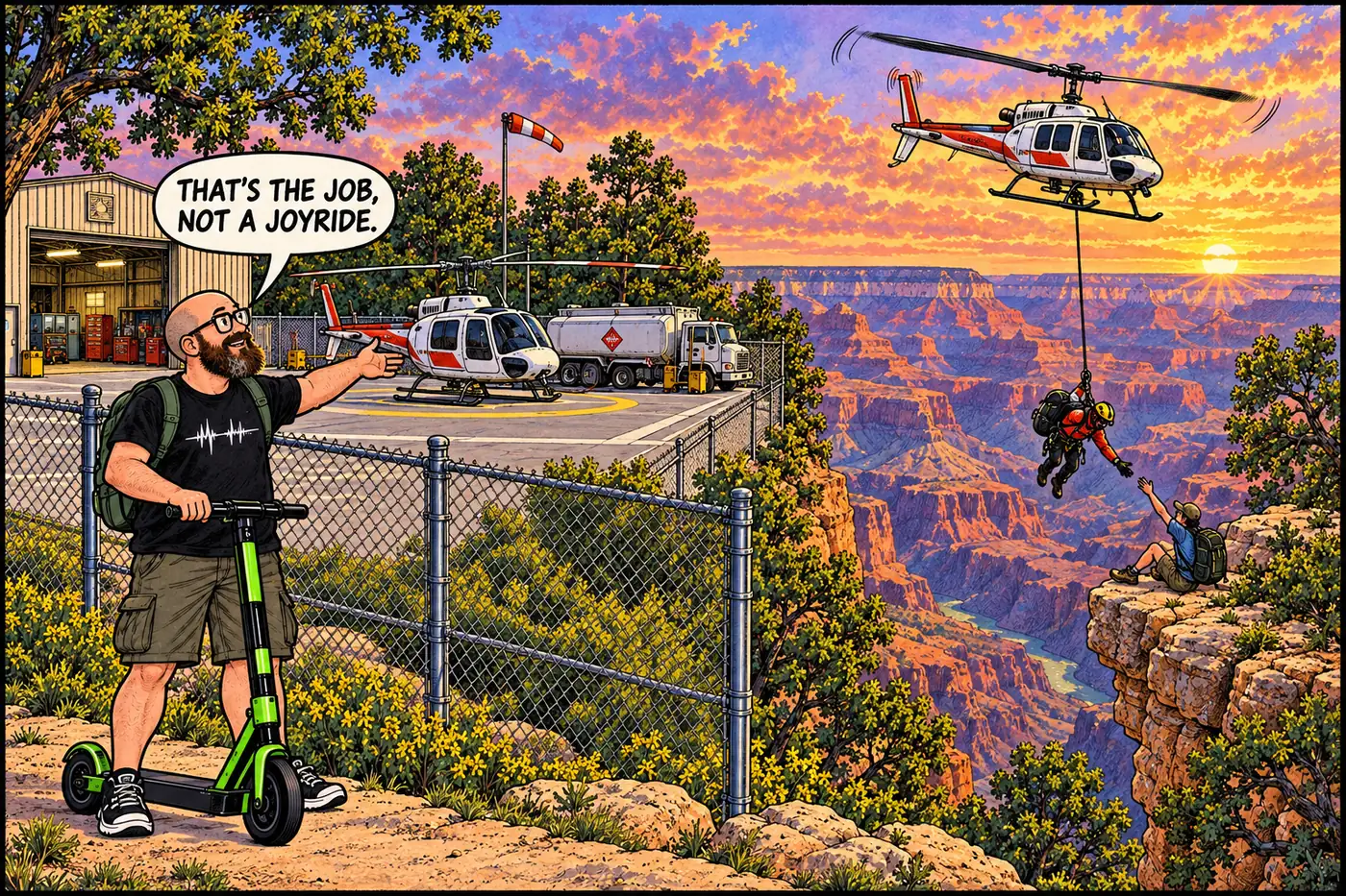 Cutaway illustration of the fenced Grand Canyon Aviation Operations Area showing a helicopter on a pad, a fuel truck, and a rescuer suspended below a second helicopter on a long rope over canyon terrain