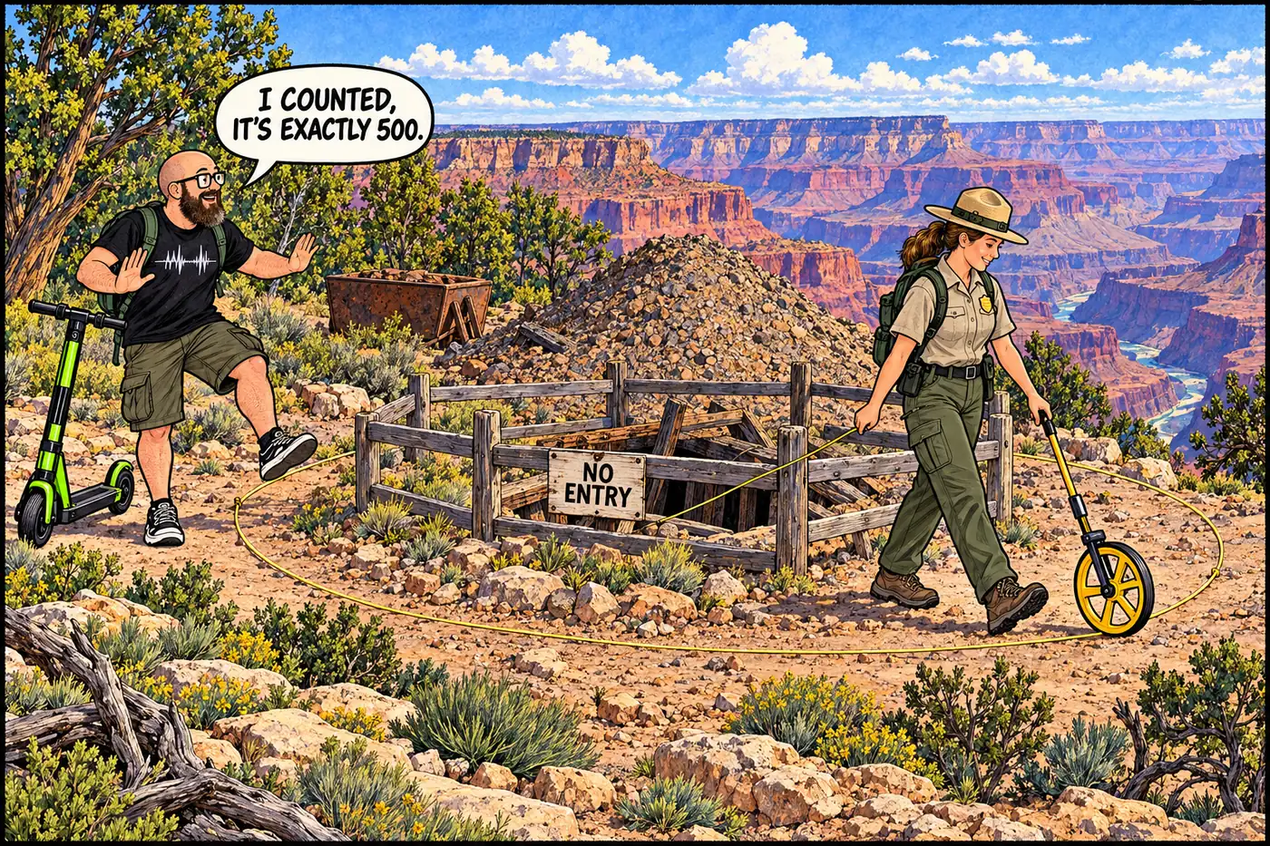 Comic panel of a ranger measuring out a precise 500-foot fenced perimeter around a small mine opening with an old-fashioned surveyor's wheel