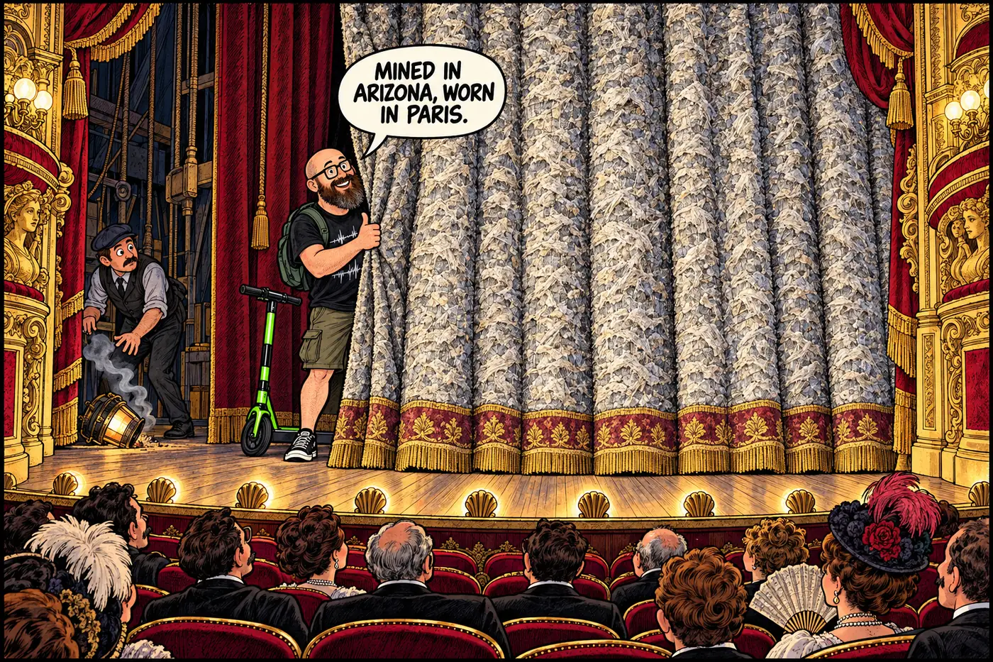 Comic panel of a fancy French theater stage with a curtain made of visibly rocky, fibrous asbestos cloth, while a stagehand looks nervously at a small backstage fire