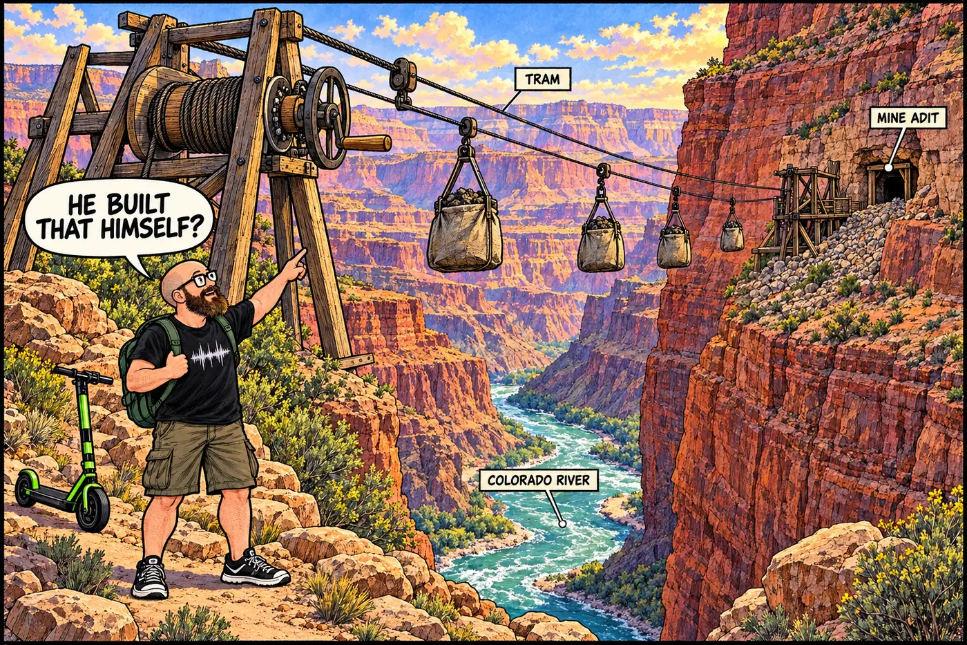 Cutaway illustration of a cable tram strung across the Colorado River at Hakatai Canyon, carrying sacks of asbestos ore toward a small mine opening in a side canyon wall