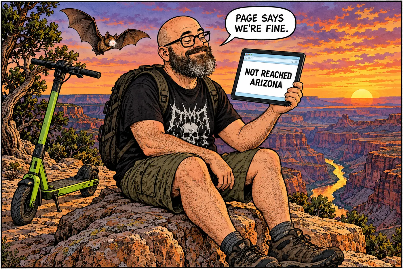 Cartoon of the host reading an outdated park webpage on a tablet claiming the fungus has not reached Arizona while an infected bat flies past unnoticed behind him.