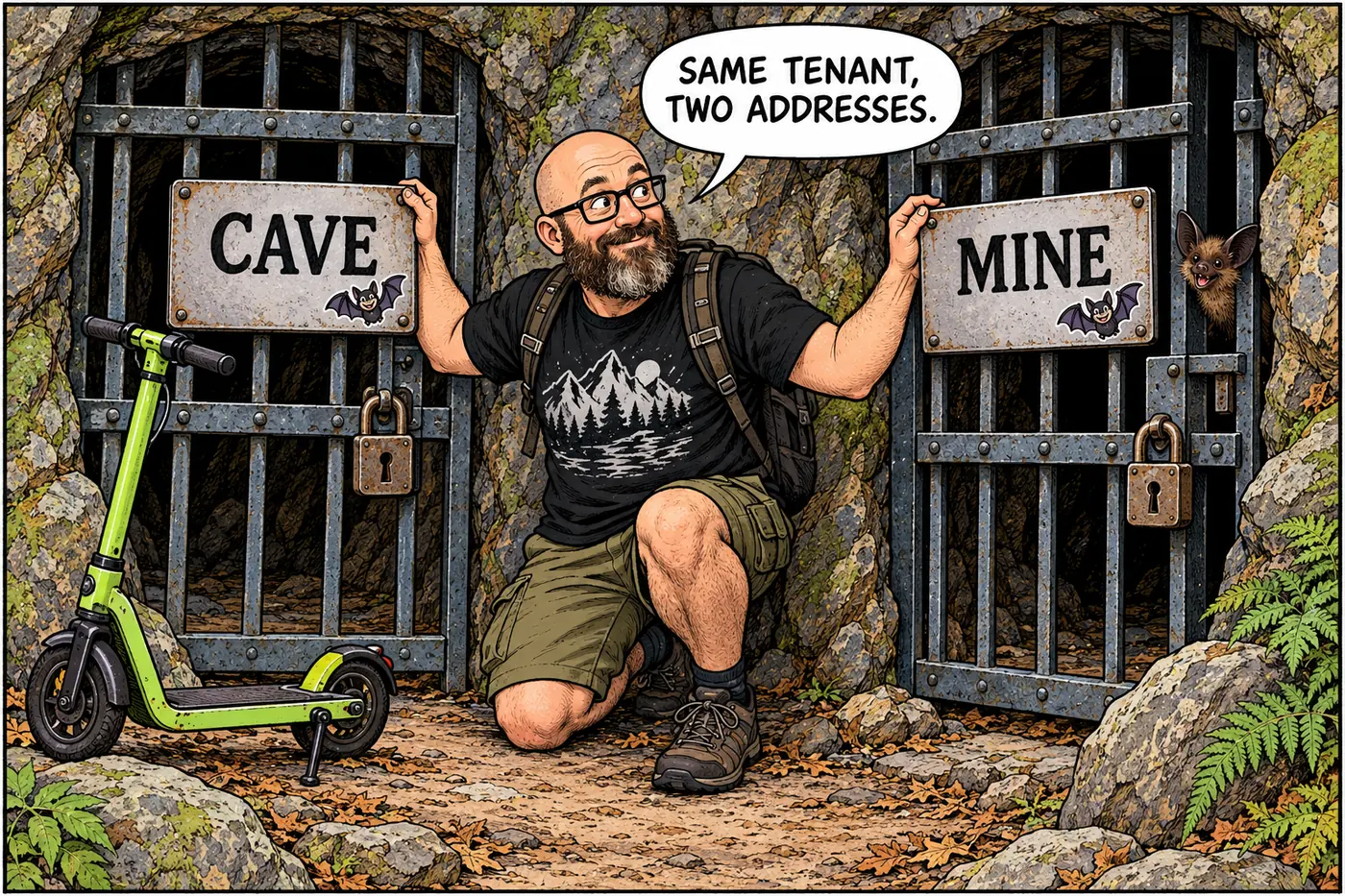 Cartoon of the host comparing a cave closure sign and a mine closure sign, both stuck with an identical bat sticker, while a real bat pokes out of the mine gate.
