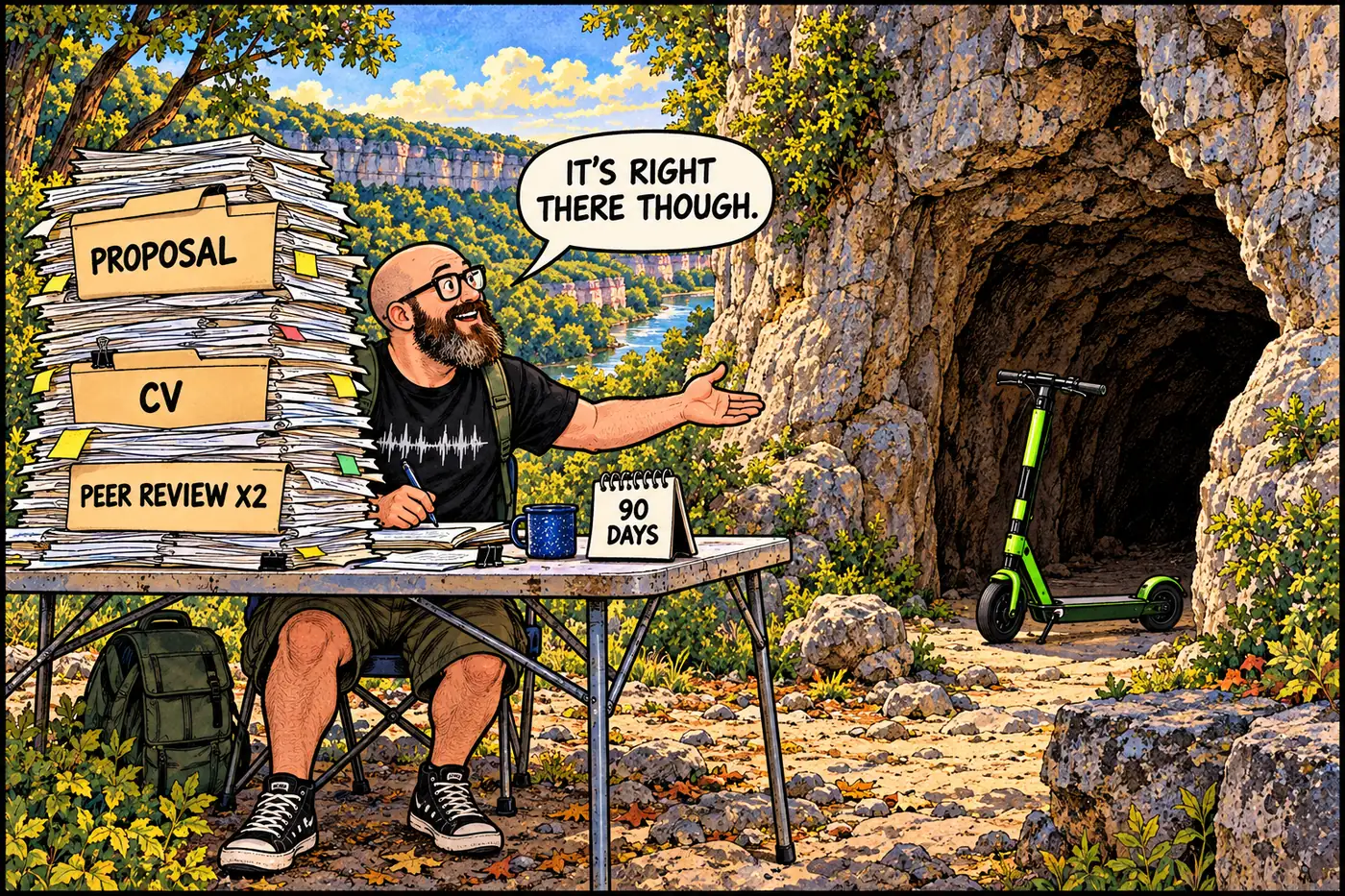 A visitor buried under a comically tall stack of permit paperwork trying to reach a small cave entrance a few feet away