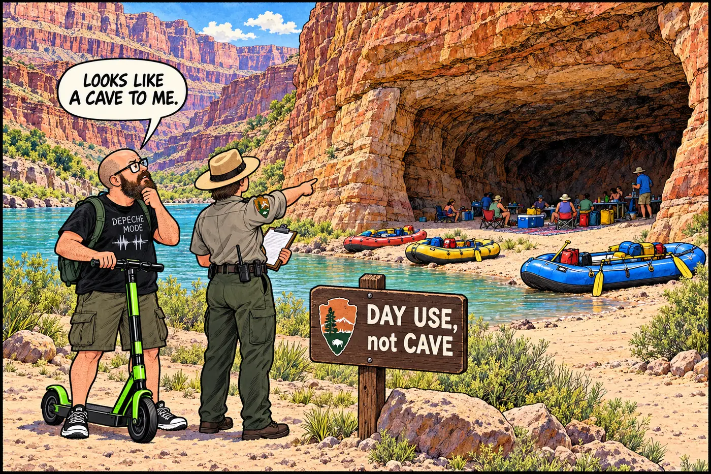 A park ranger explaining to a confused rafter that a huge open cave mouth on the riverbank technically does not count as a cave