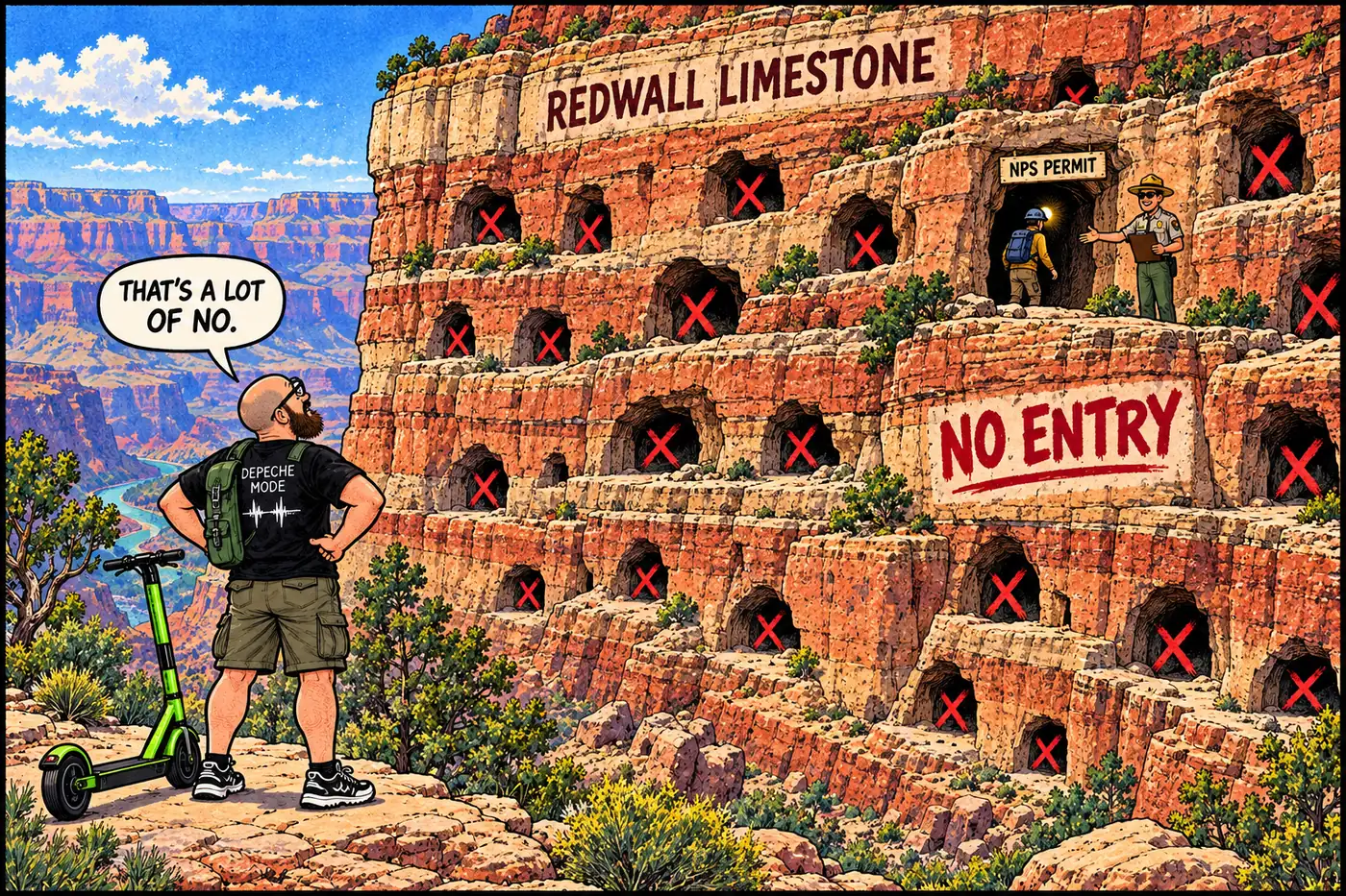 Cutaway map illustration of a canyon cliff face showing a permitted researcher entering one labeled cave while dozens of other cave openings nearby are shown blocked and unlabeled