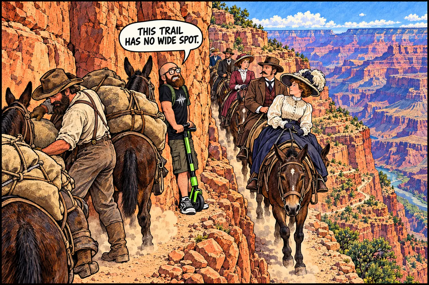 1890s tourists on mules riding down a canyon trail past a miner loading ore onto pack animals
