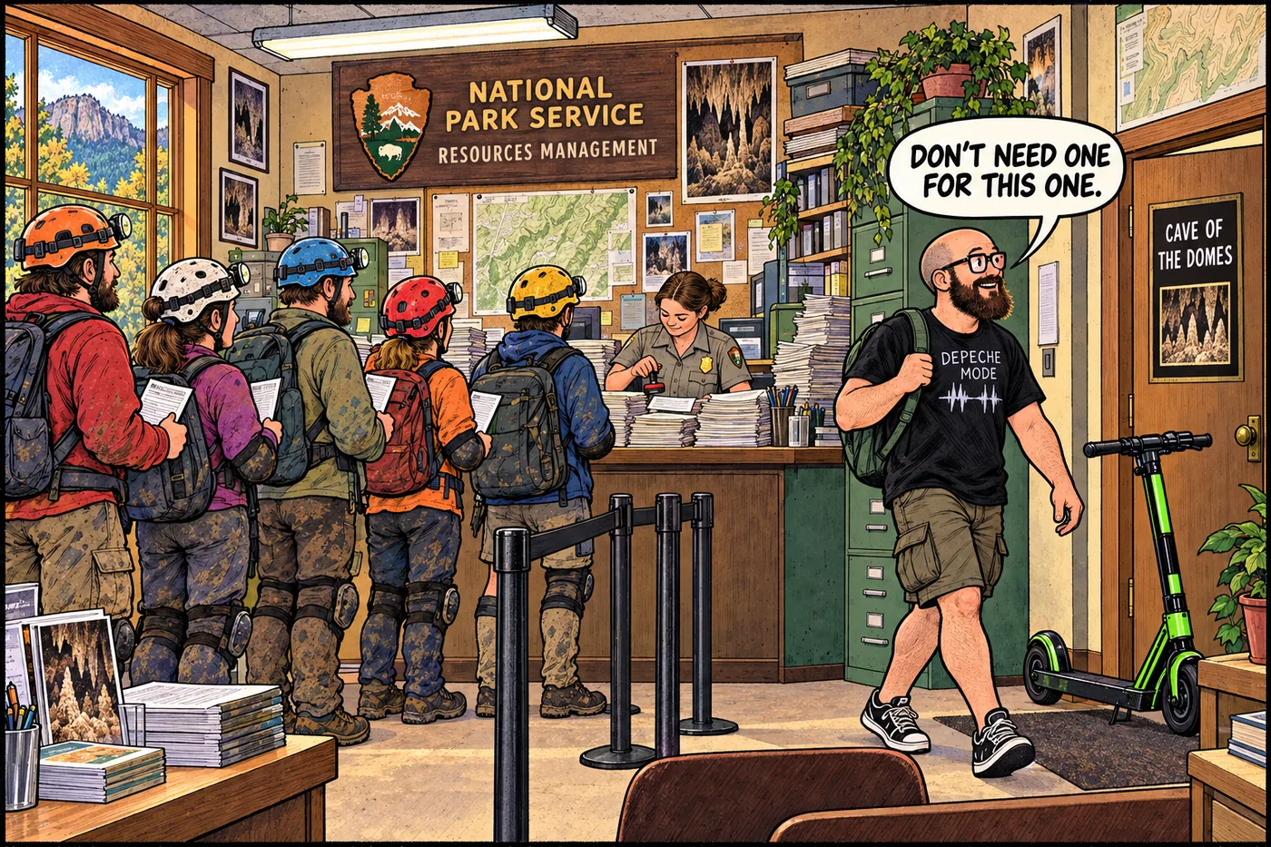 A cluttered national park permit office with a long line of caving-permit applicants and one visitor walking straight past with no paperwork