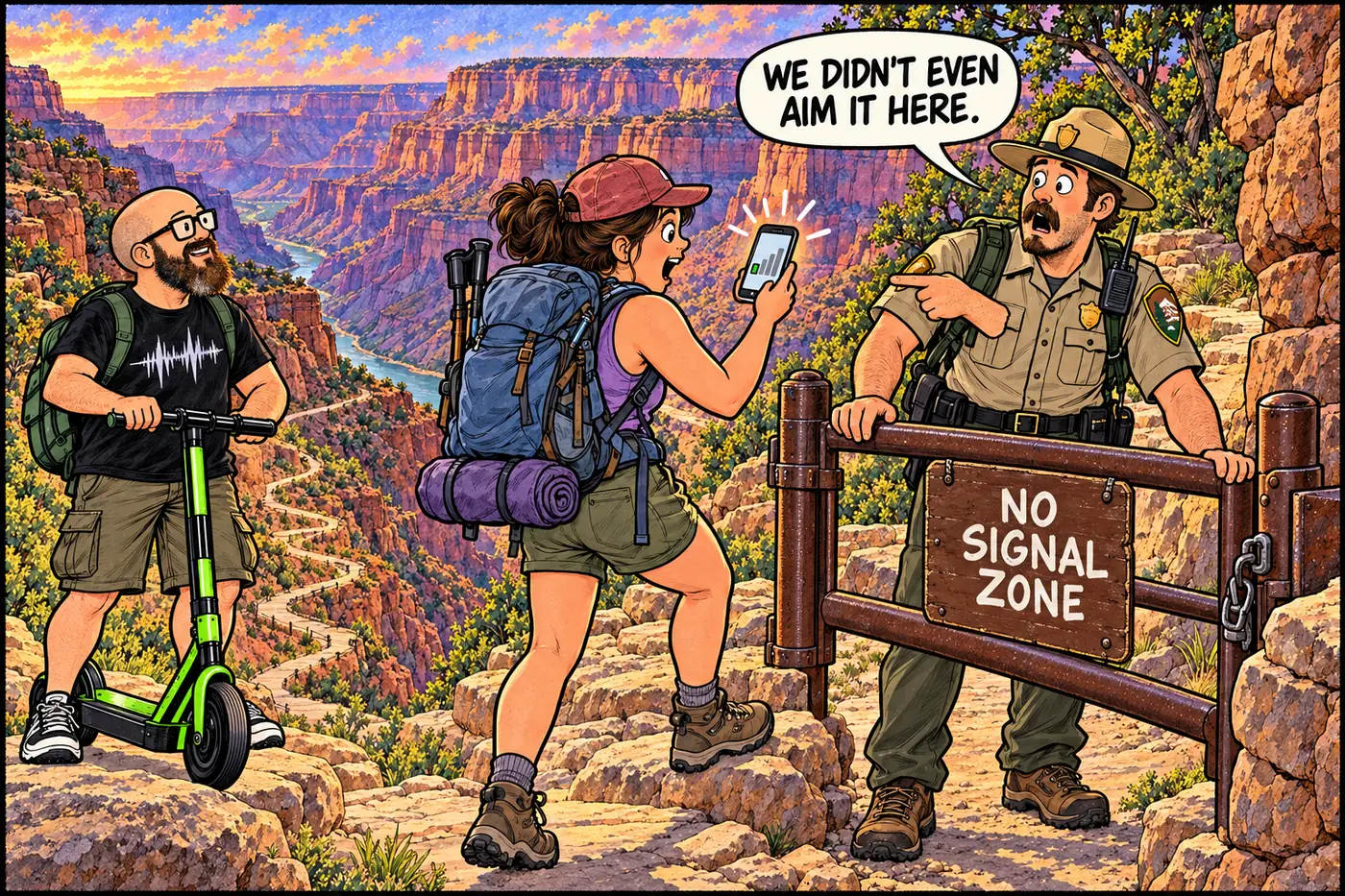 Cartoon of a backpacker checking a phone half a mile down a canyon trail while a park ranger looks surprised at an unexpected signal bar