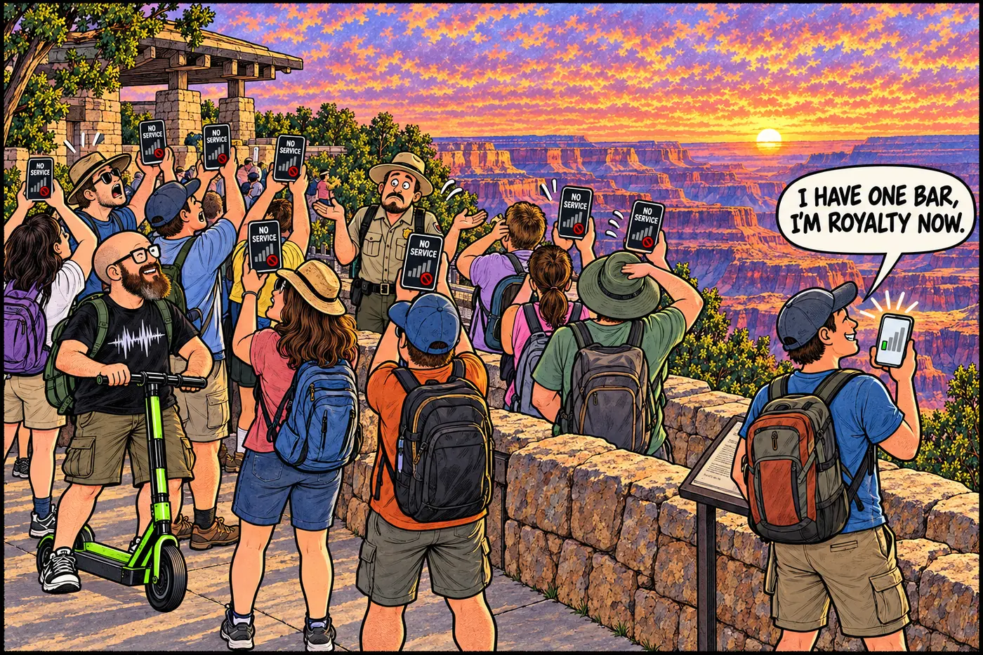 Cartoon of a crowd of tourists holding up phones with no signal while one visitor in the corner proudly shows a single signal bar