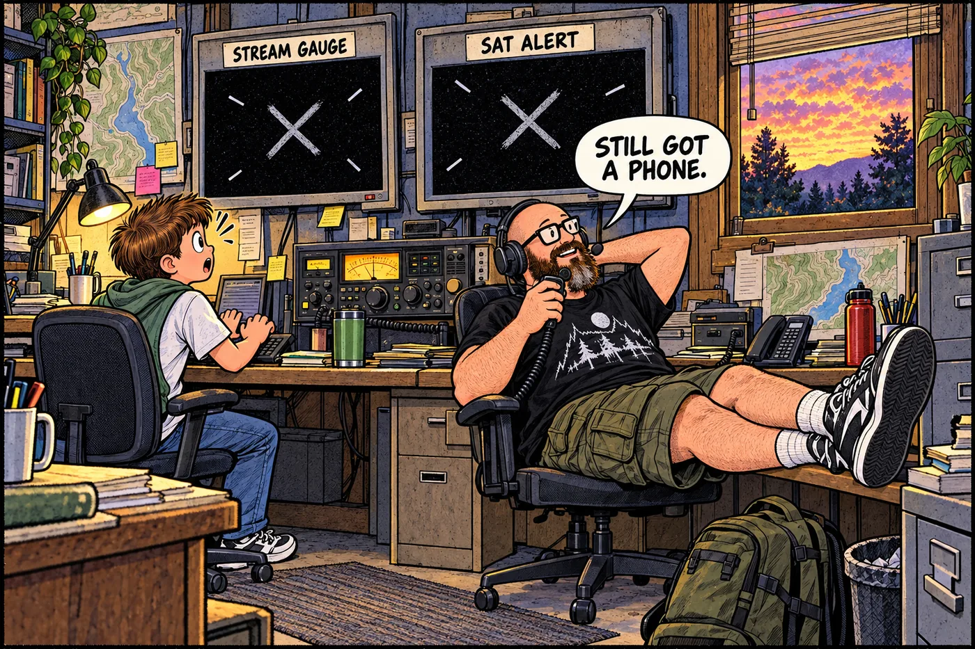 Comic panel of a cluttered dispatch room where screens for a streamgauge sensor and a satellite alert system go dark while an old rotary-style radio dispatcher keeps working