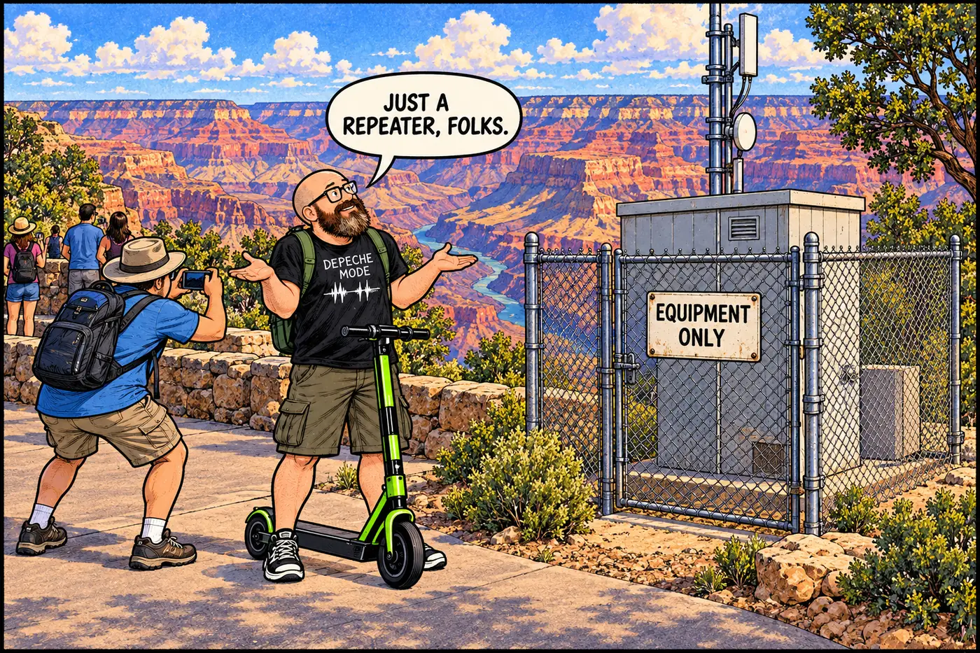 Comic panel of the HOST leaning on a chain-link fence around a small radio repeater shed at a scenic overlook, next to a simple sign, looking unimpressed