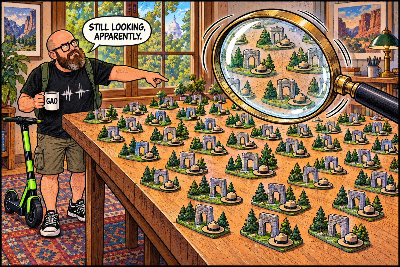 Cartoon of an oversized magnifying glass sweeping over a map of four hundred tiny national park icons without stopping on any single one