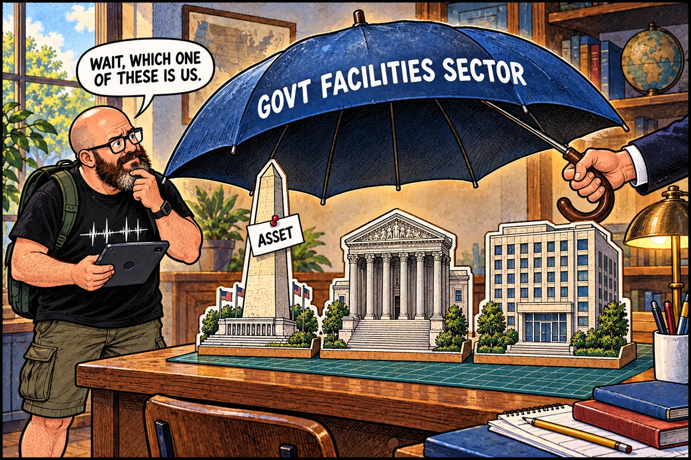 Cartoon of a national monument sign standing among generic federal office building silhouettes under one bureaucratic umbrella labeled Government Facilities Sector