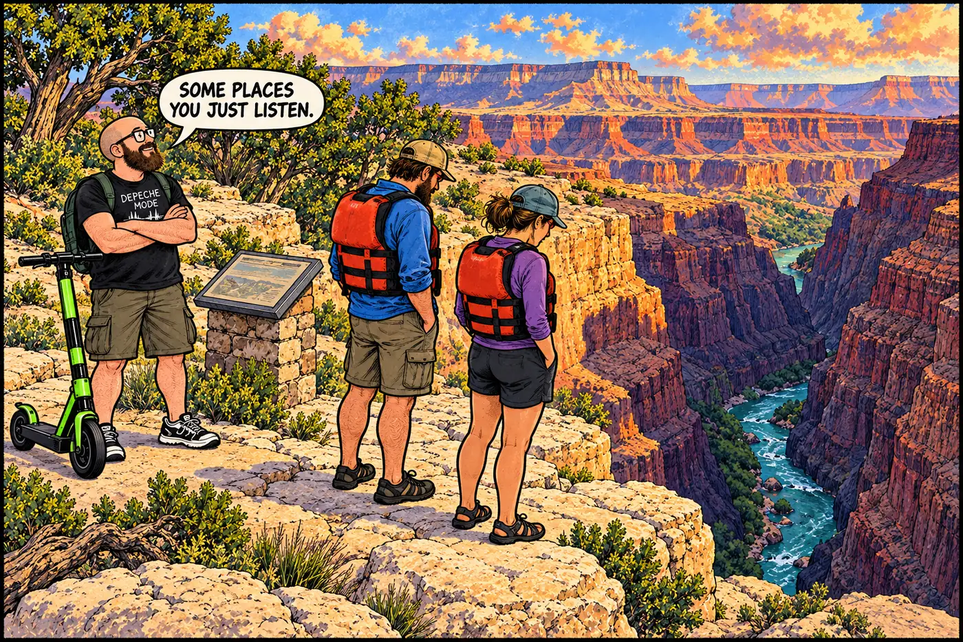 Cartoon of two river rafters respectfully pausing at the edge of the Deer Creek narrows after reading an interpretive sign about its cultural significance
