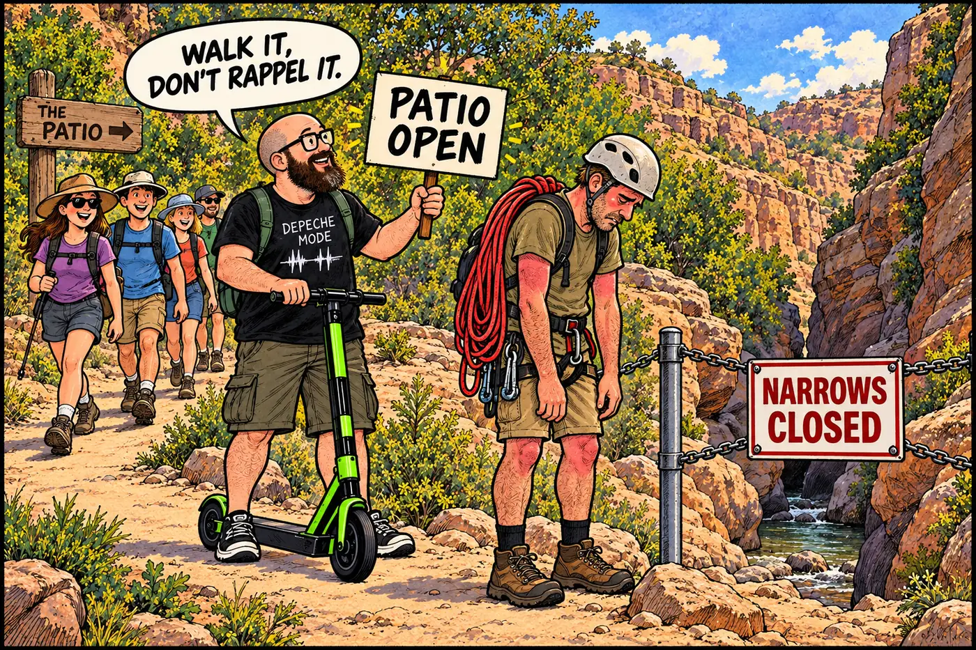 Cartoon of a disappointed canyoneer holding coiled climbing rope at a closed sign above the Deer Creek narrows while river hikers walk past on the open trail