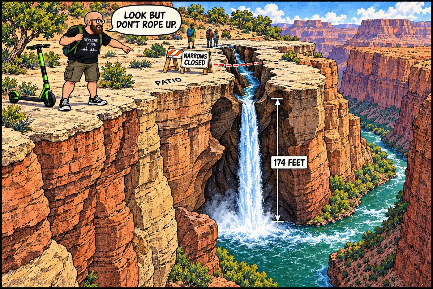 Labeled cutaway illustration of Deer Creek dropping from the Patio ledge through the narrow slot canyon called the Narrows to Deer Creek Falls and the Colorado River below