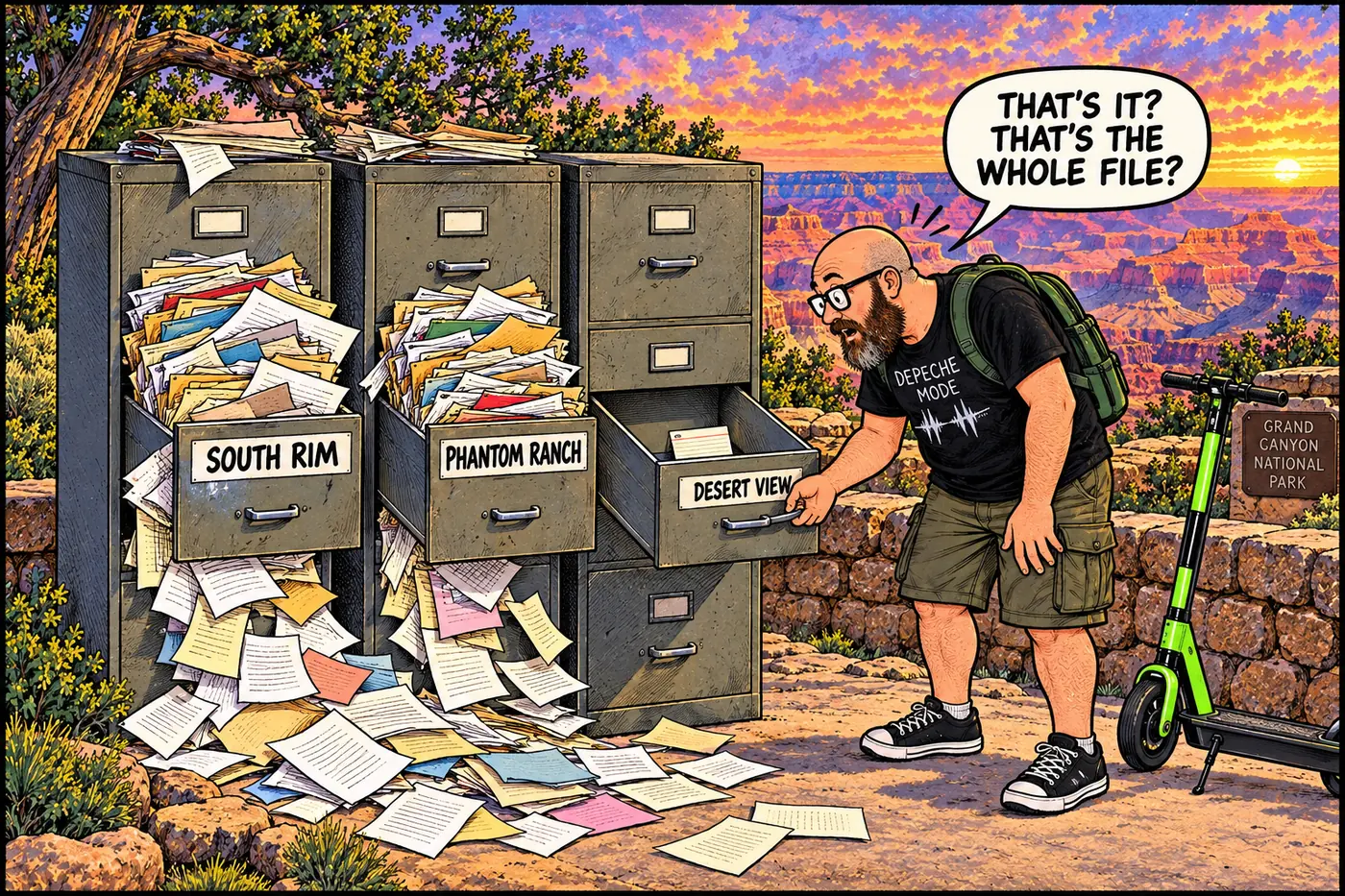 Cartoon of the HOST digging through a nearly empty filing cabinet drawer labeled DESERT VIEW next to overflowing drawers labeled other park wastewater sites