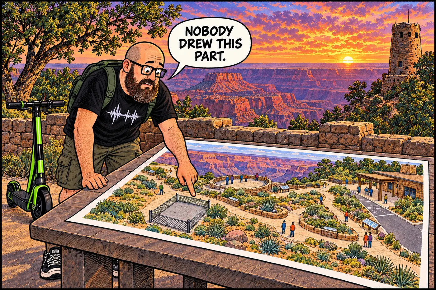 Cartoon of planners reviewing a large colorful site-redesign map of Desert View while the HOST points at a tiny, unlabeled fenced square off to the side