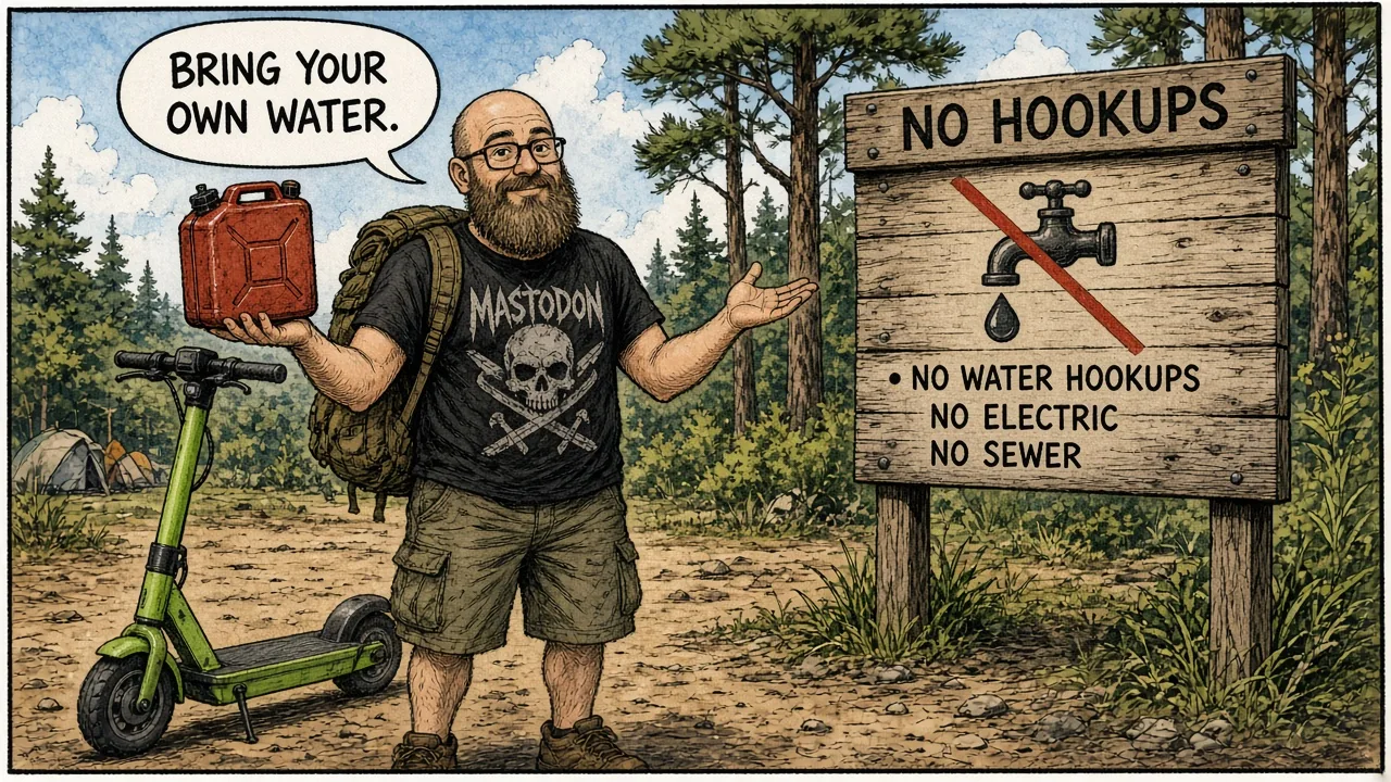 HOST at North Rim Campground reading a no-hookups no-potable-water notice