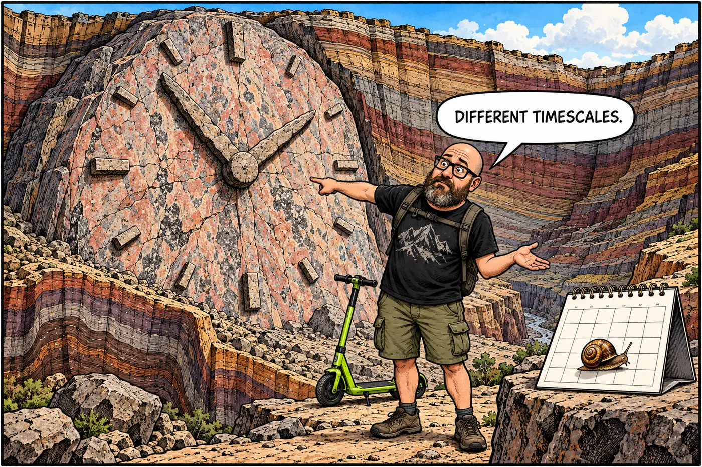 Illustrated host examines a giant cartoon geologic clock while an ancient rock and small snail share the frame