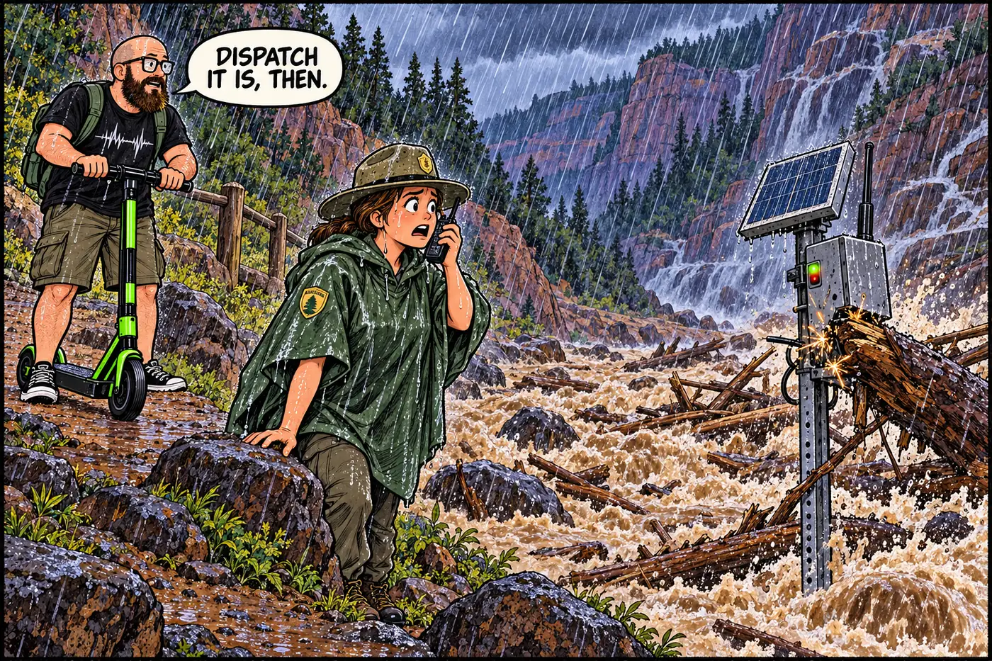 Comic panel of a streamgauge sensor on a creek bank going dark and sparking in floodwater while a ranger's radio crackles with a 911 call instead
