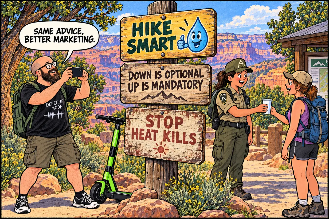 Comic panel of three eras of Grand Canyon hiking-safety signage stacked like tree rings, from a blunt 1990s warning sign to a modern friendly poster