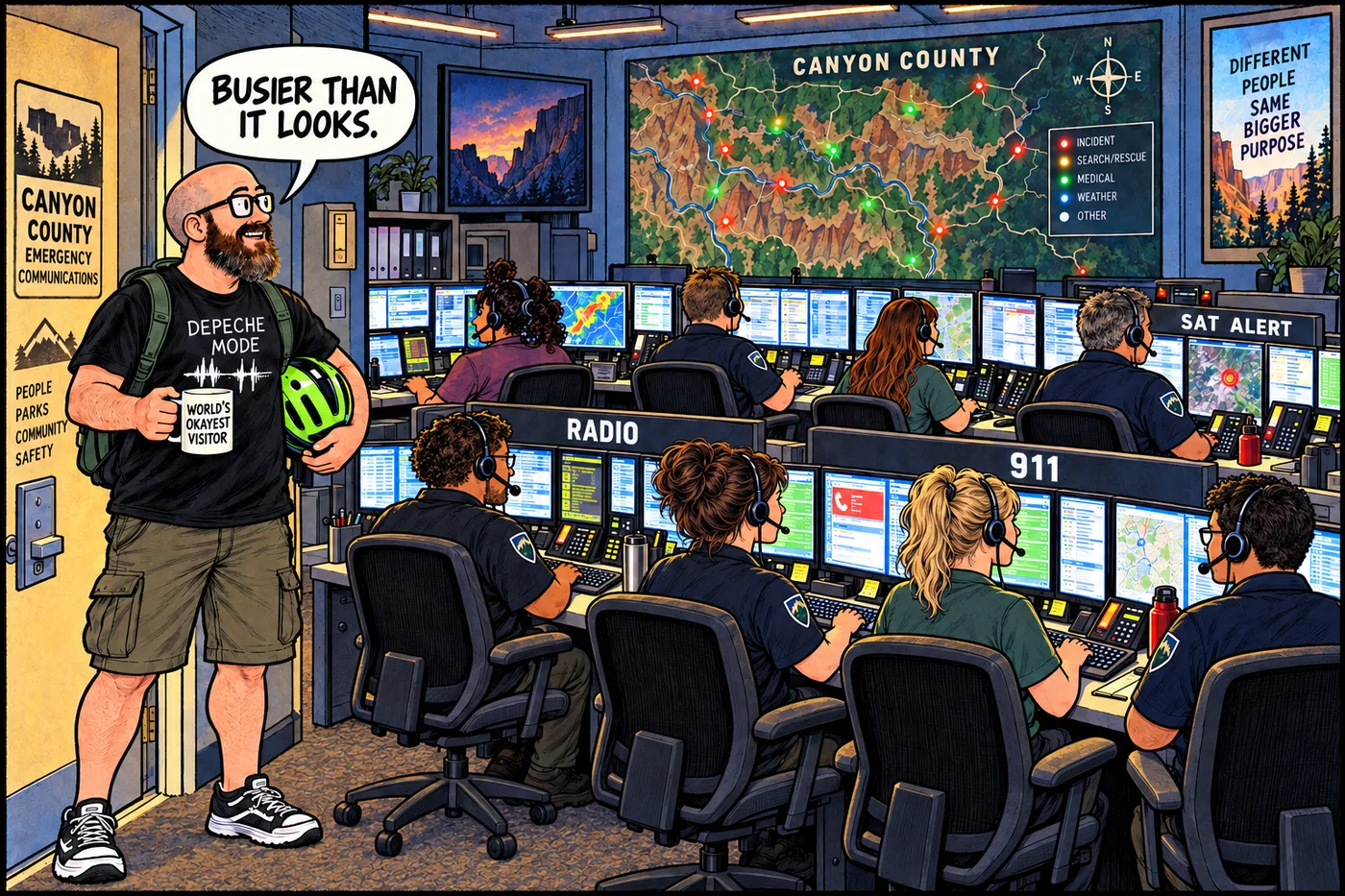 Labeled cutaway illustration of the Grand Canyon dispatch center at night with eight dispatchers at consoles receiving 911 calls, radio traffic, and satellite alert messages simultaneously
