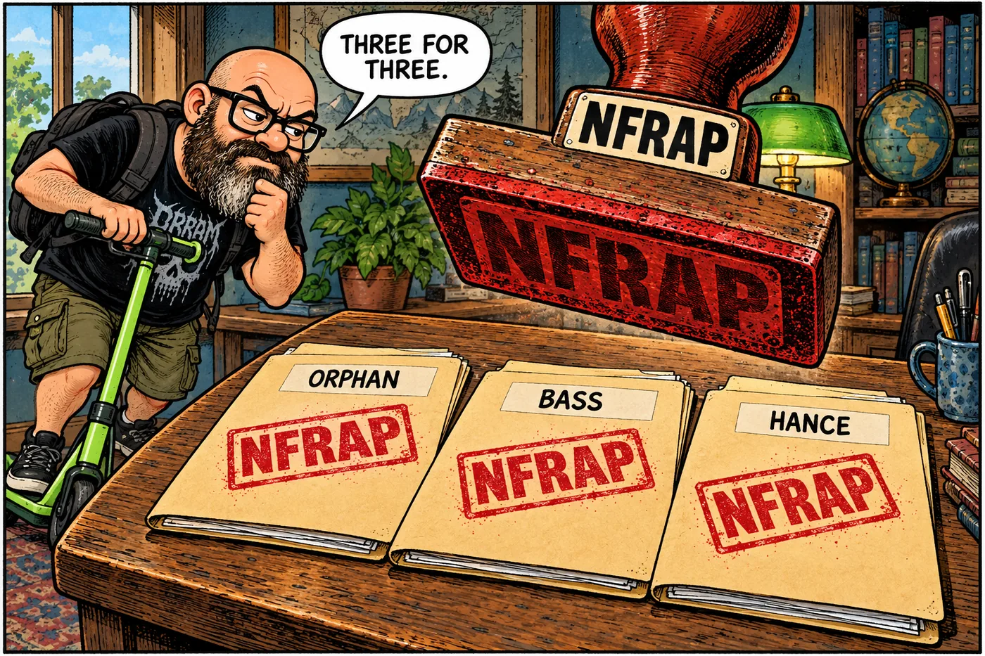 Cartoon of a large rubber stamp coming down on three identical mine site folders, each stamped NOT LISTED