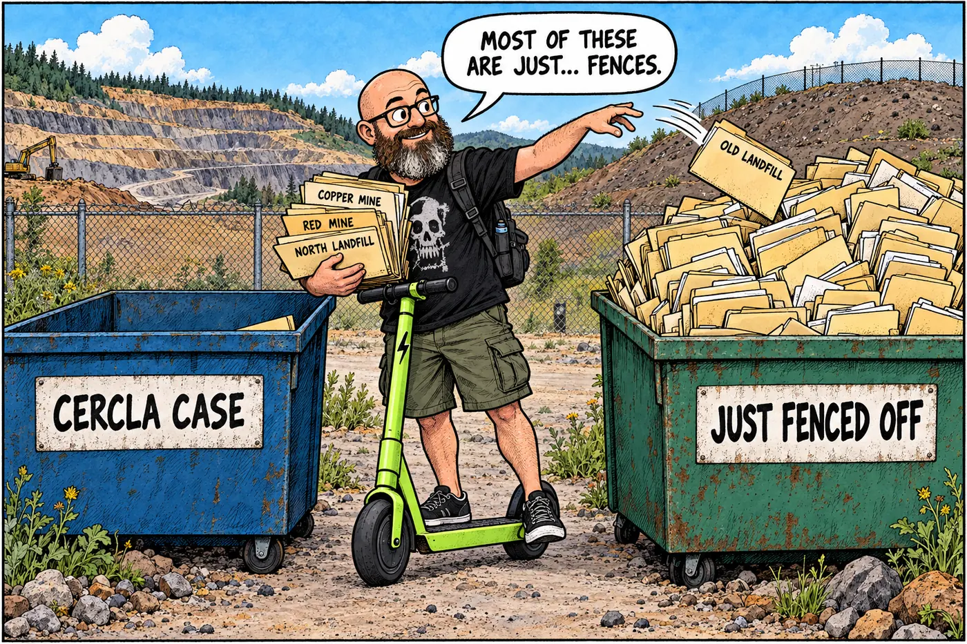Cartoon of the HOST sorting a tall stack of closed-site folders into two labeled bins, one for federal cleanup cases and one for plain safety closures