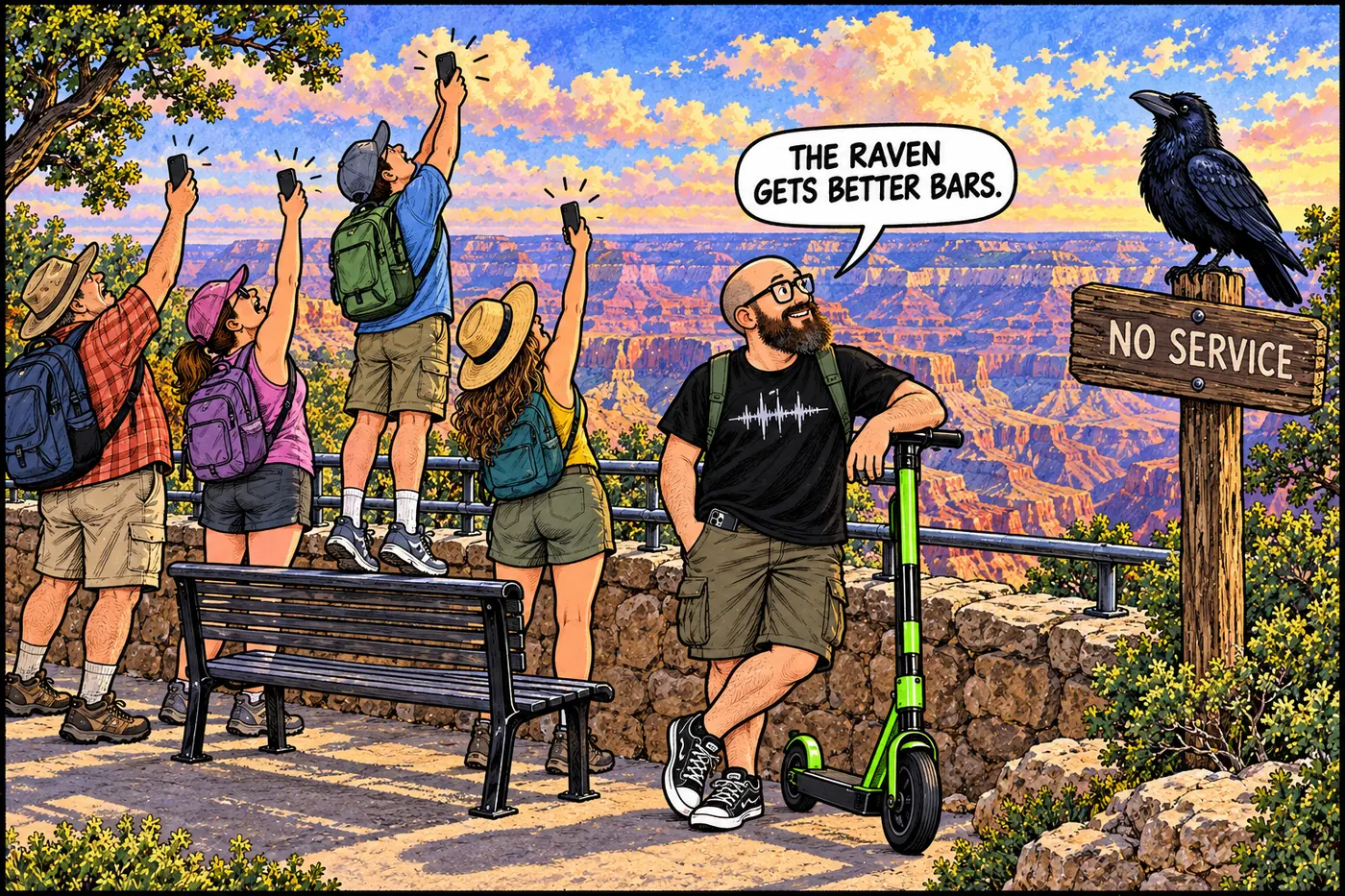 Comic panel of tourists at a canyon overlook all holding phones over their heads searching for signal while a raven perches unbothered on a nearby sign