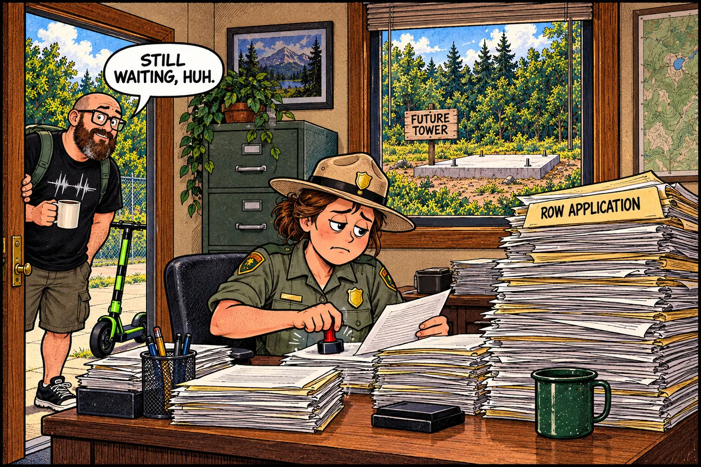 Comic panel of a Park Service desk buried in an enormous stack of permit paperwork labeled ROW APPLICATION while a single small unbuilt tower sits forgotten outside the window