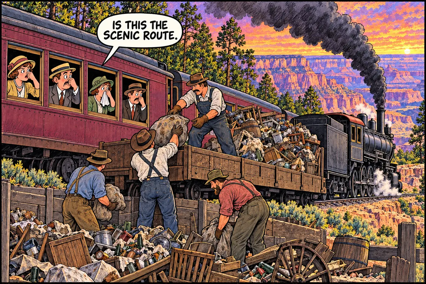 1920s railroad workers loading garbage onto a flatcar while tourists on a passing train hold their noses