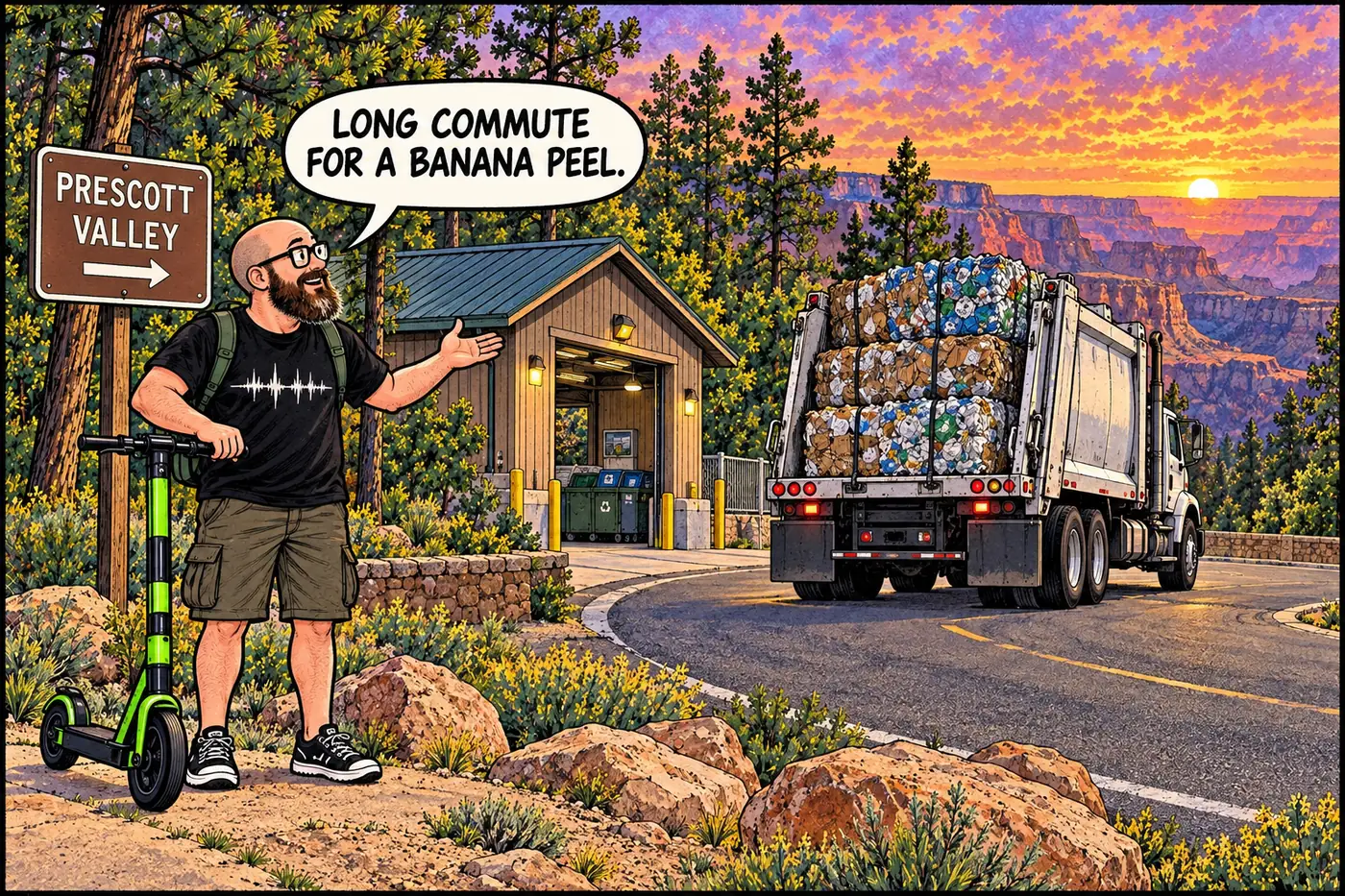 The HOST on his e-scooter watching a garbage truck loaded with sorted recycling drive away from a small transfer station building toward distant mountains