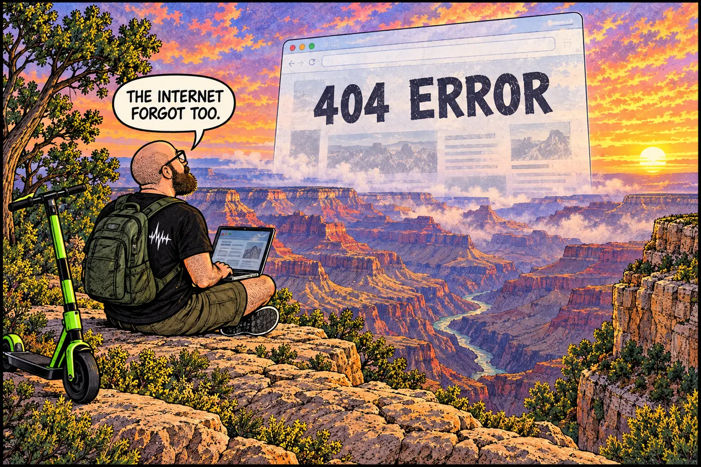 Comic panel of the host on a laptop at a canyon overlook facing a giant browser error page reading page not found, with faded ghostly outlines of old webpage content behind it