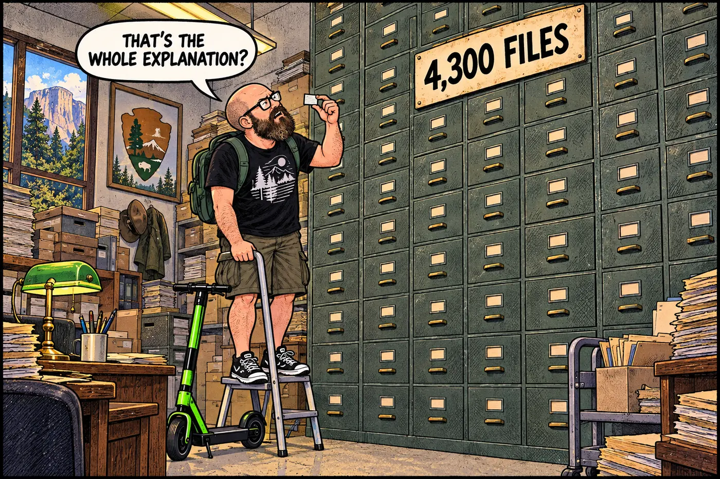 Comic panel contrasting a towering government filing cabinet labeled with thousands of records against a single tiny index card the host is holding