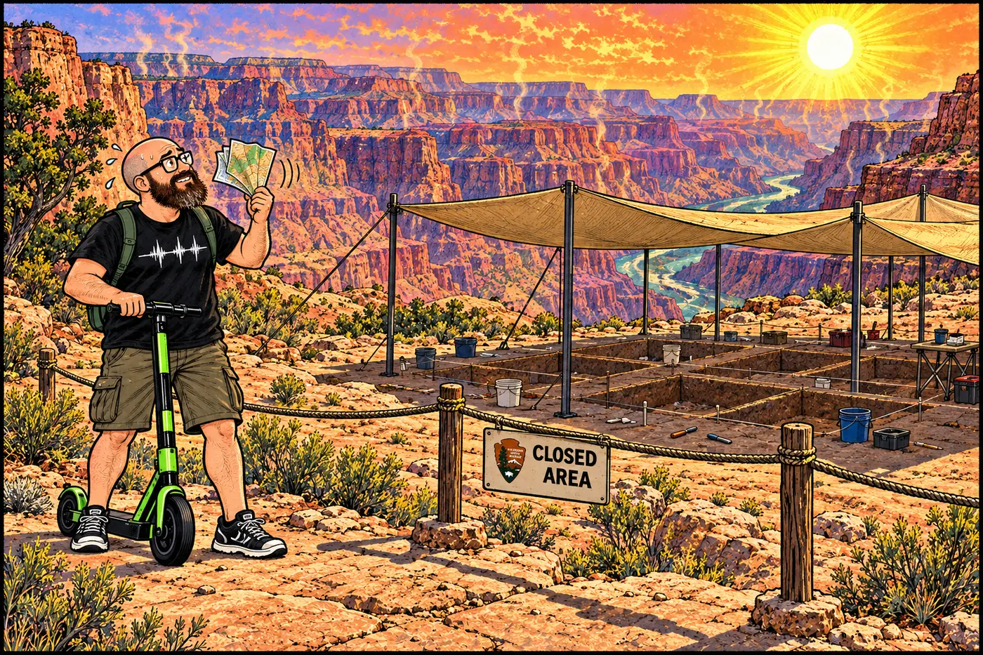 Illustrated cutaway of a sun-baked river-corridor terrace with a roped-off archaeological dig, a small NPS closure placard, and a shaded canopy over excavation squares