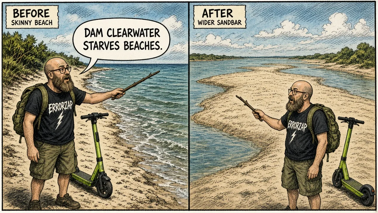 HOST explaining sandbar building with a before-after beach sketch