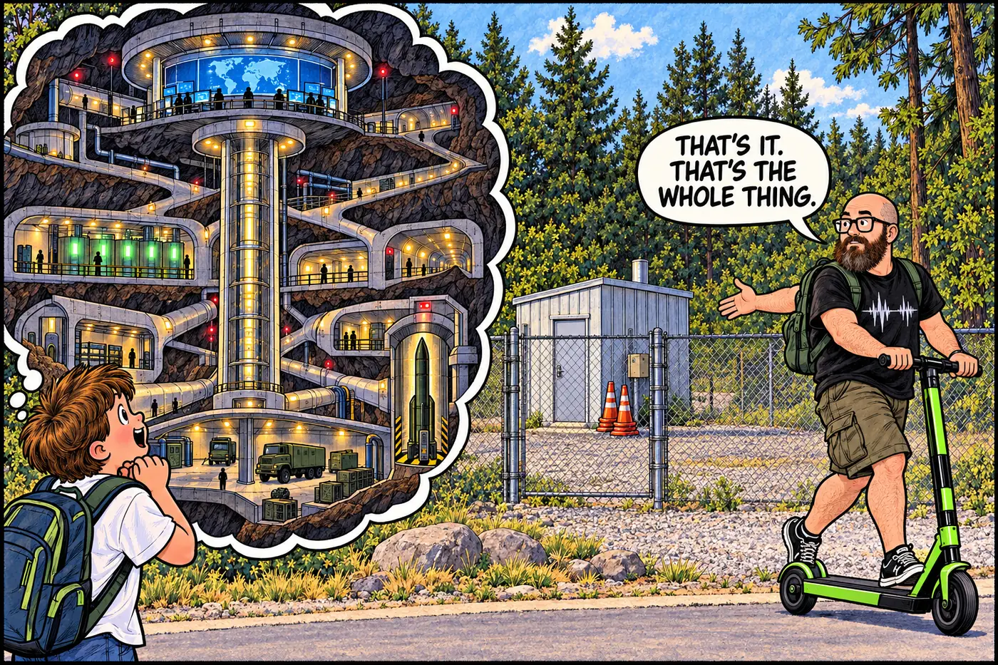Cartoon of a tourist expecting a huge secret government compound but finding only a small shed behind a short fence