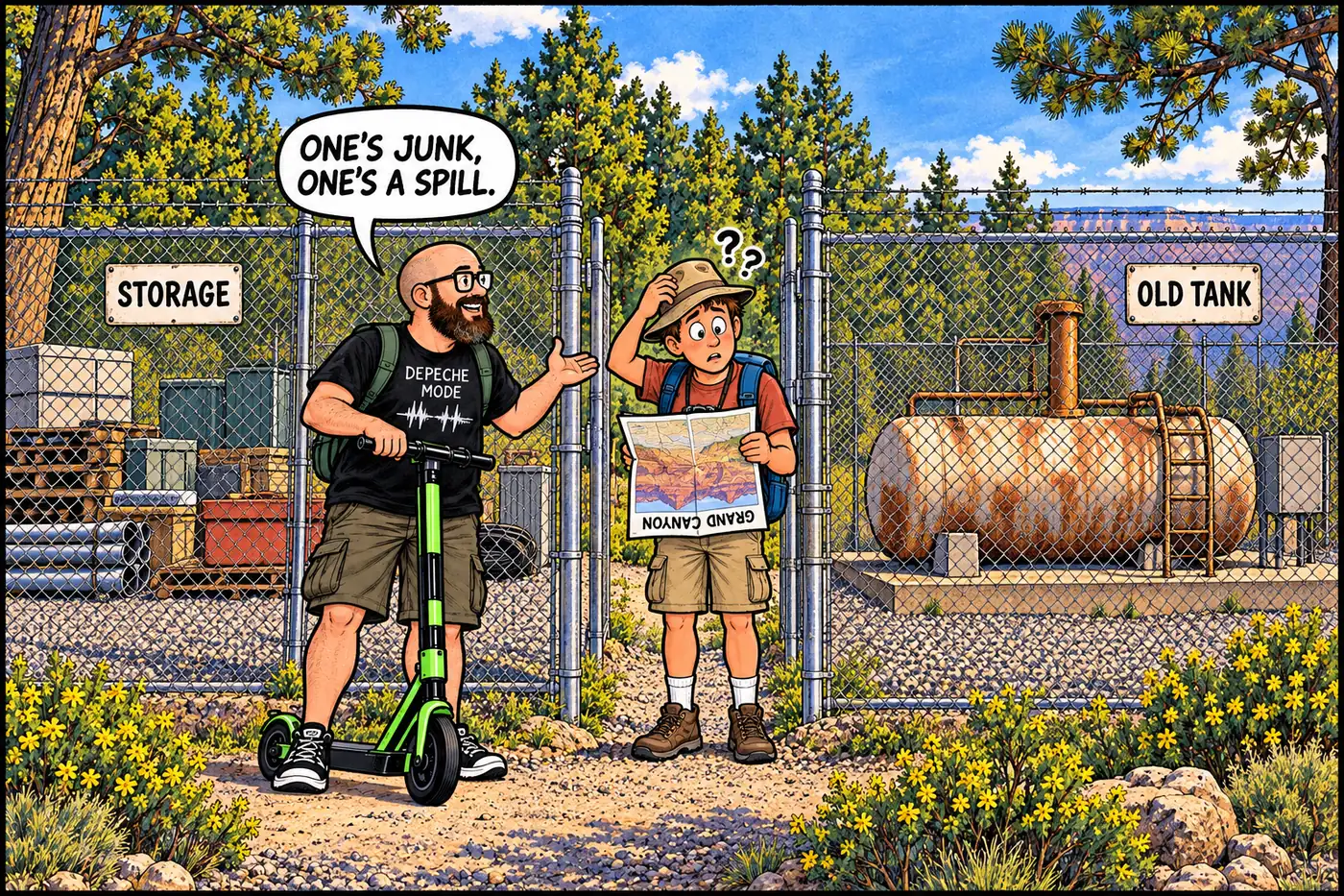 Cartoon of two nearly identical chain-link fenced lots side by side, one labeled storage and one labeled old fuel tank, with a confused tourist looking between them
