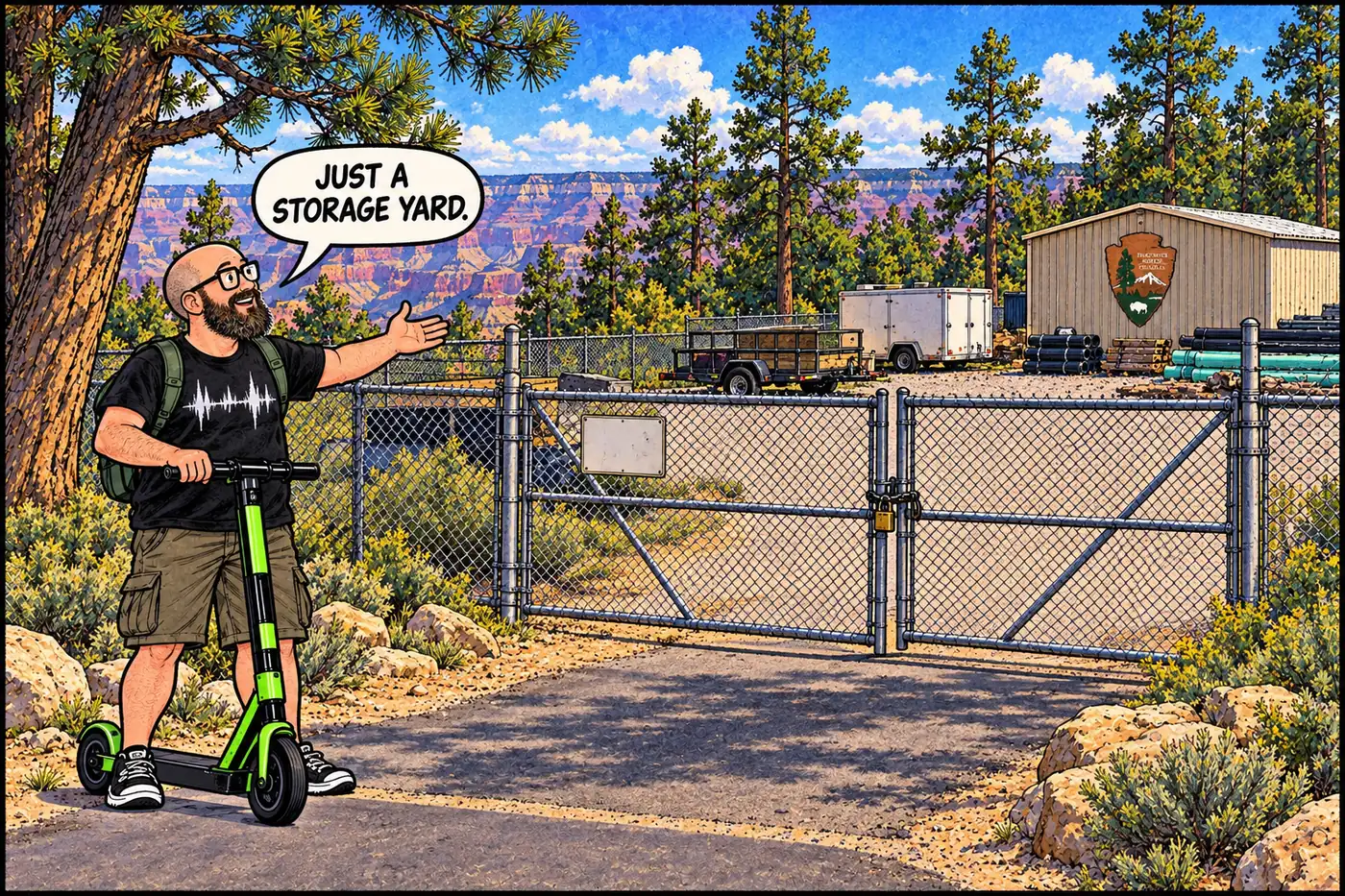 Labeled cutaway illustration of a fenced NPS storage yard off a gated gravel road with a padlocked gate and posted closure sign
