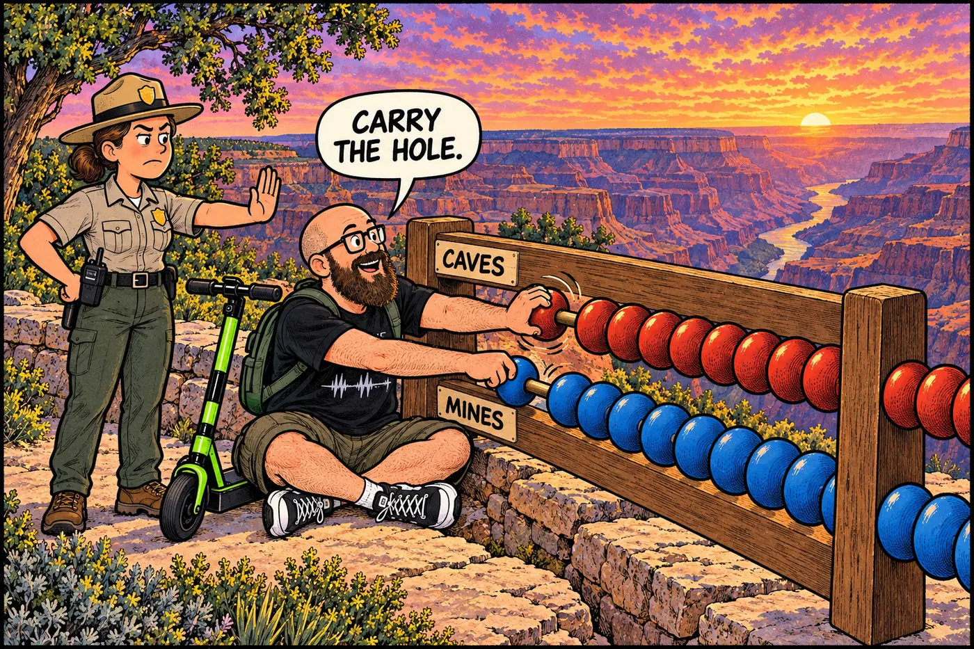 Cartoon of the host trying to add a cave-count tally to a mine-count tally on an overflowing abacus while a ranger stops him.