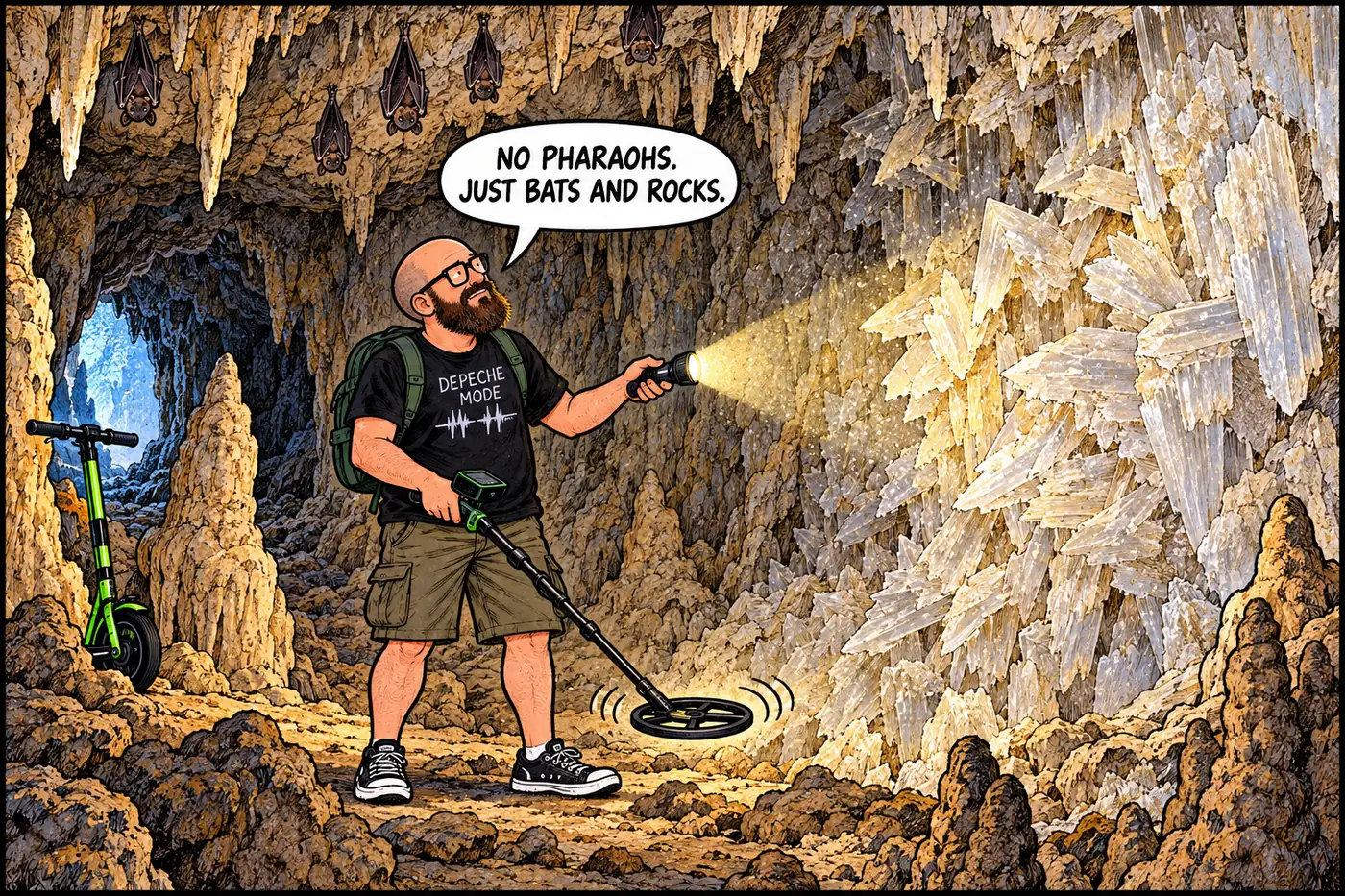 Cartoon of the host searching a real cave with a metal detector and torch, disappointed to find only bats and gypsum crystals instead of an imagined lost city.